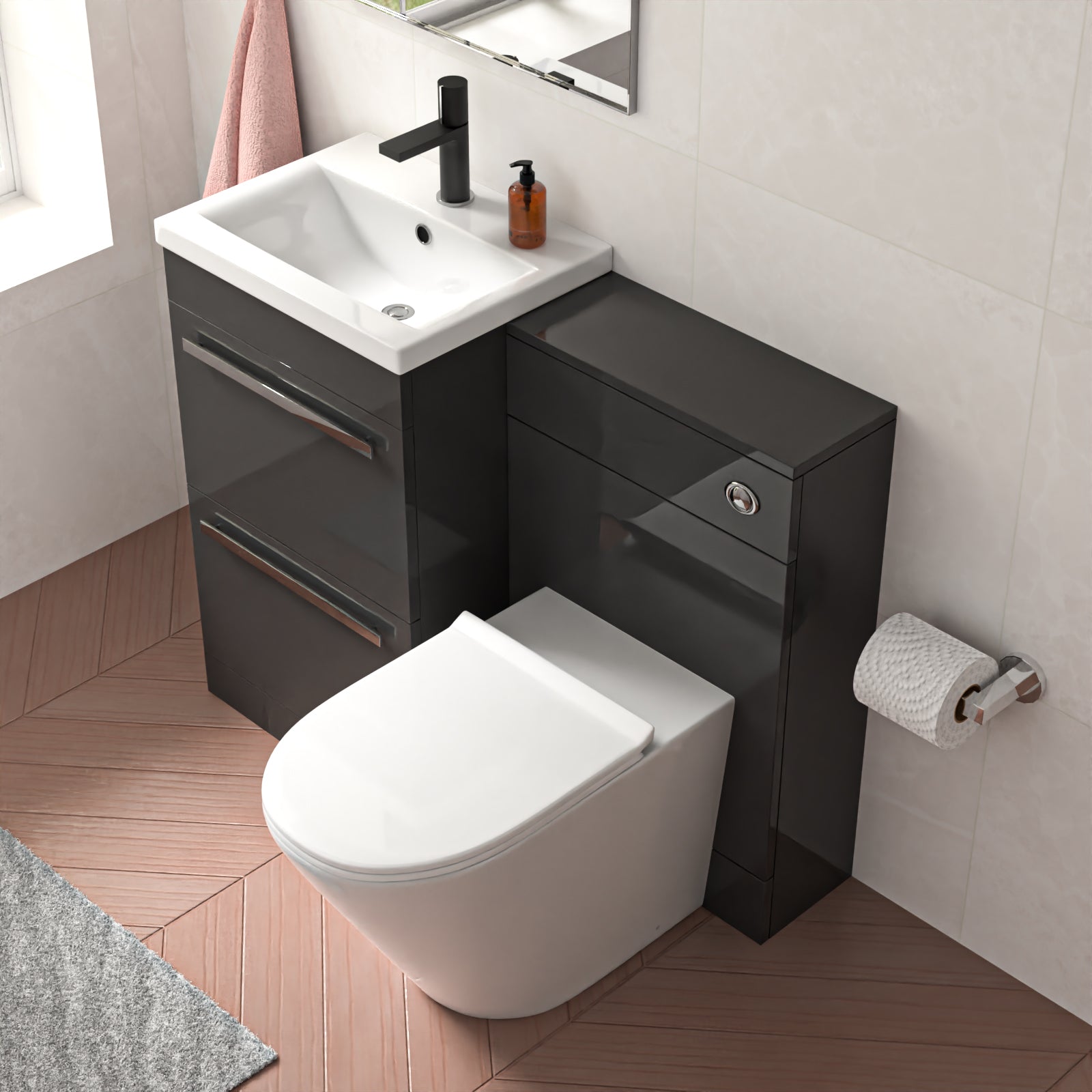 Nanuya 2 Drawers Dark Grey Basin Vanity, WC Unit & Rimless Toilet