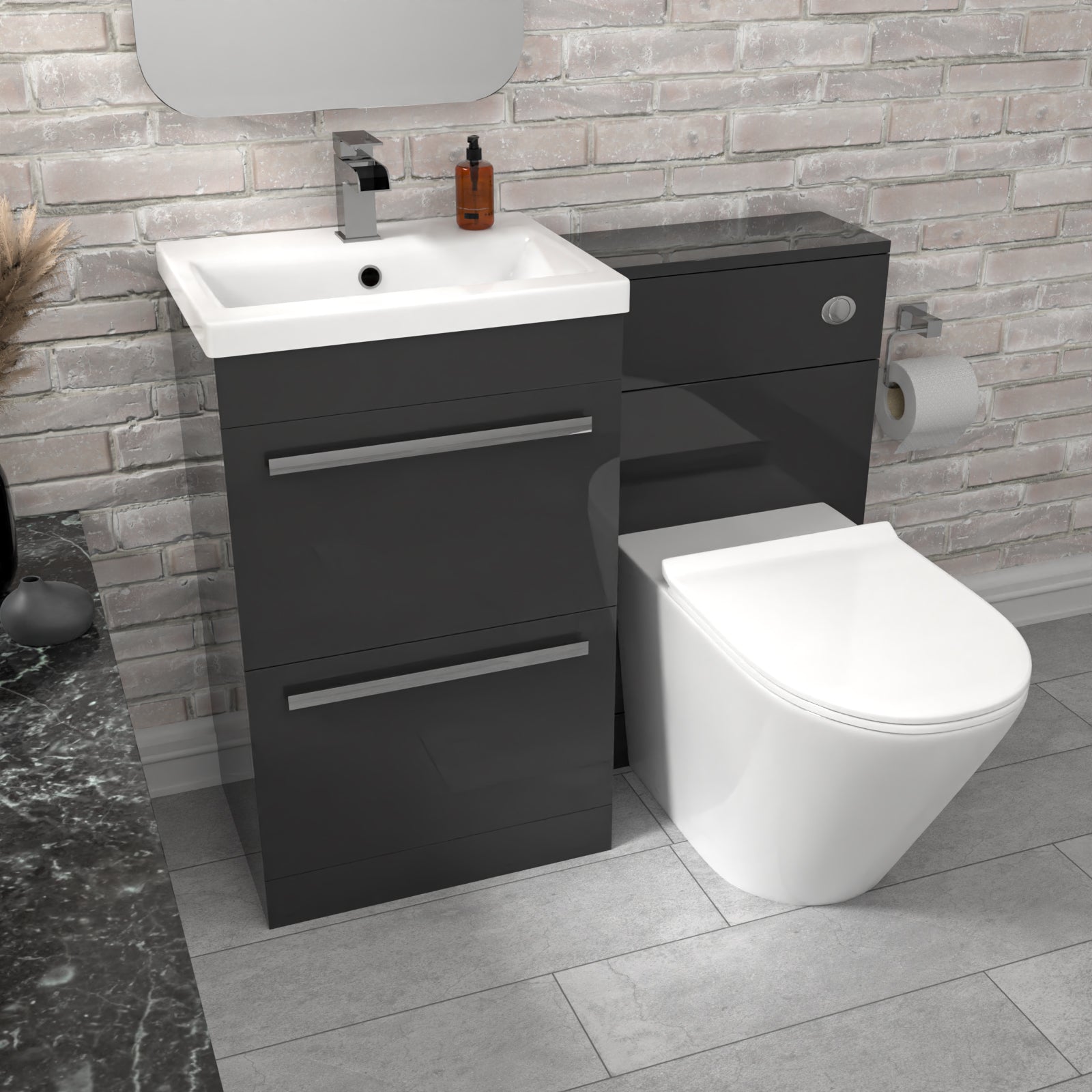 Nanuya 2 Drawers Dark Grey Basin Vanity, WC Unit & Rimless Toilet