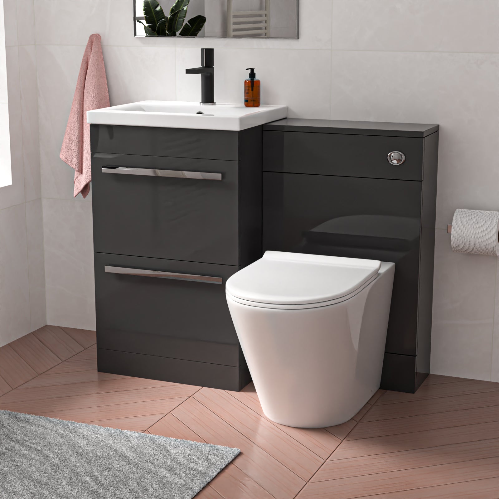 Nanuya 2 Drawers Dark Grey Basin Vanity, WC Unit & Rimless Toilet