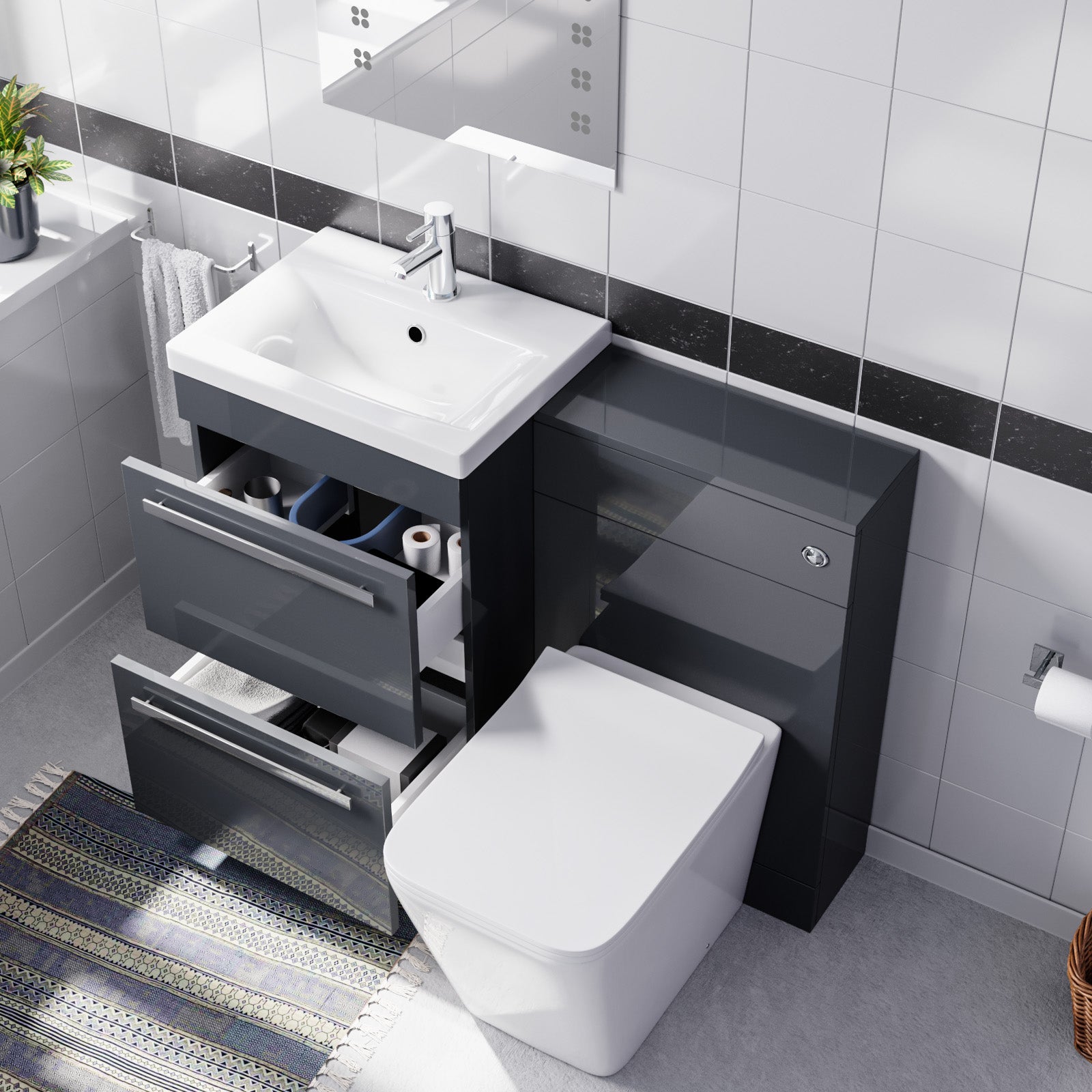 Nanuya 1000mm Dark Grey Basin Vanity Cabinet & WC with Square Rimless Toilet