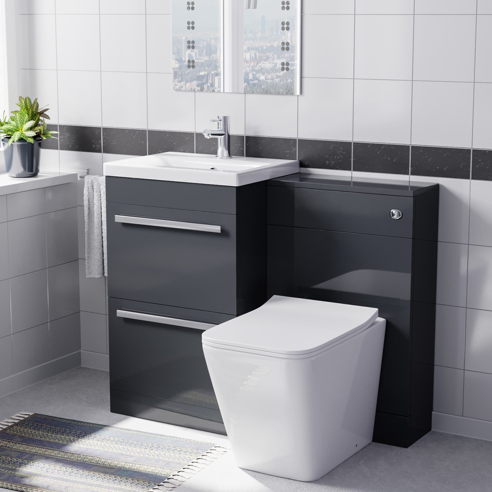 Nanuya 1000mm Dark Grey Basin Vanity Cabinet & WC with Square Rimless Toilet