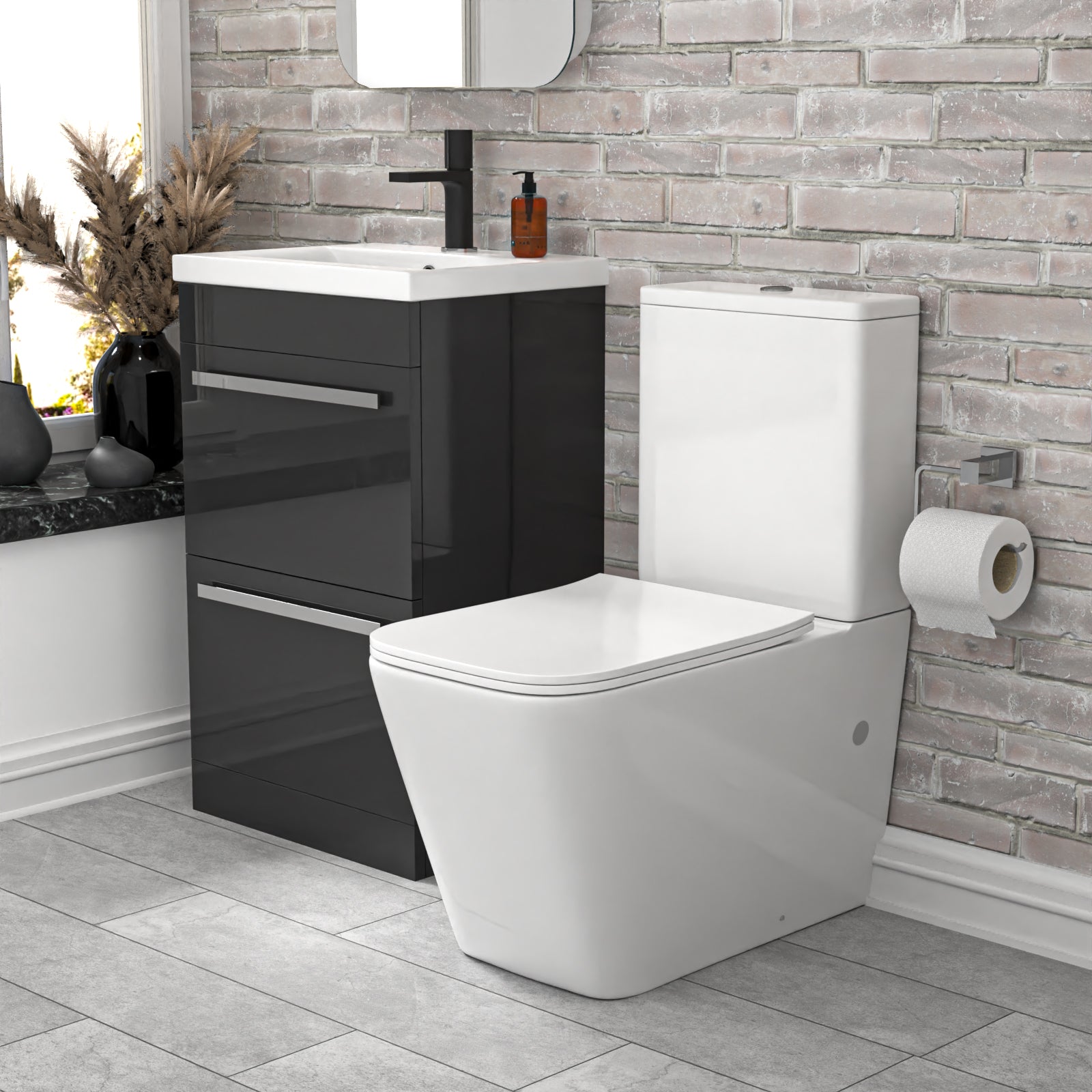 Nanuya 500mm Dark Grey 2 Drawers Vanity Rimless Square Close Coupled Toilet