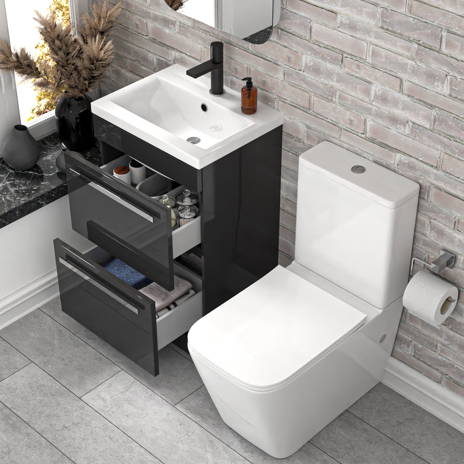 Nanuya 500mm Dark Grey 2 Drawers Vanity Rimless Square Close Coupled Toilet
