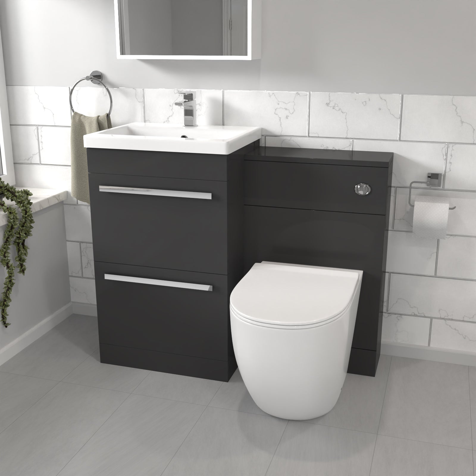 Nanuya Anthracite Basin Vanity Cabinet With WC Unit & Back To Wall Toilet