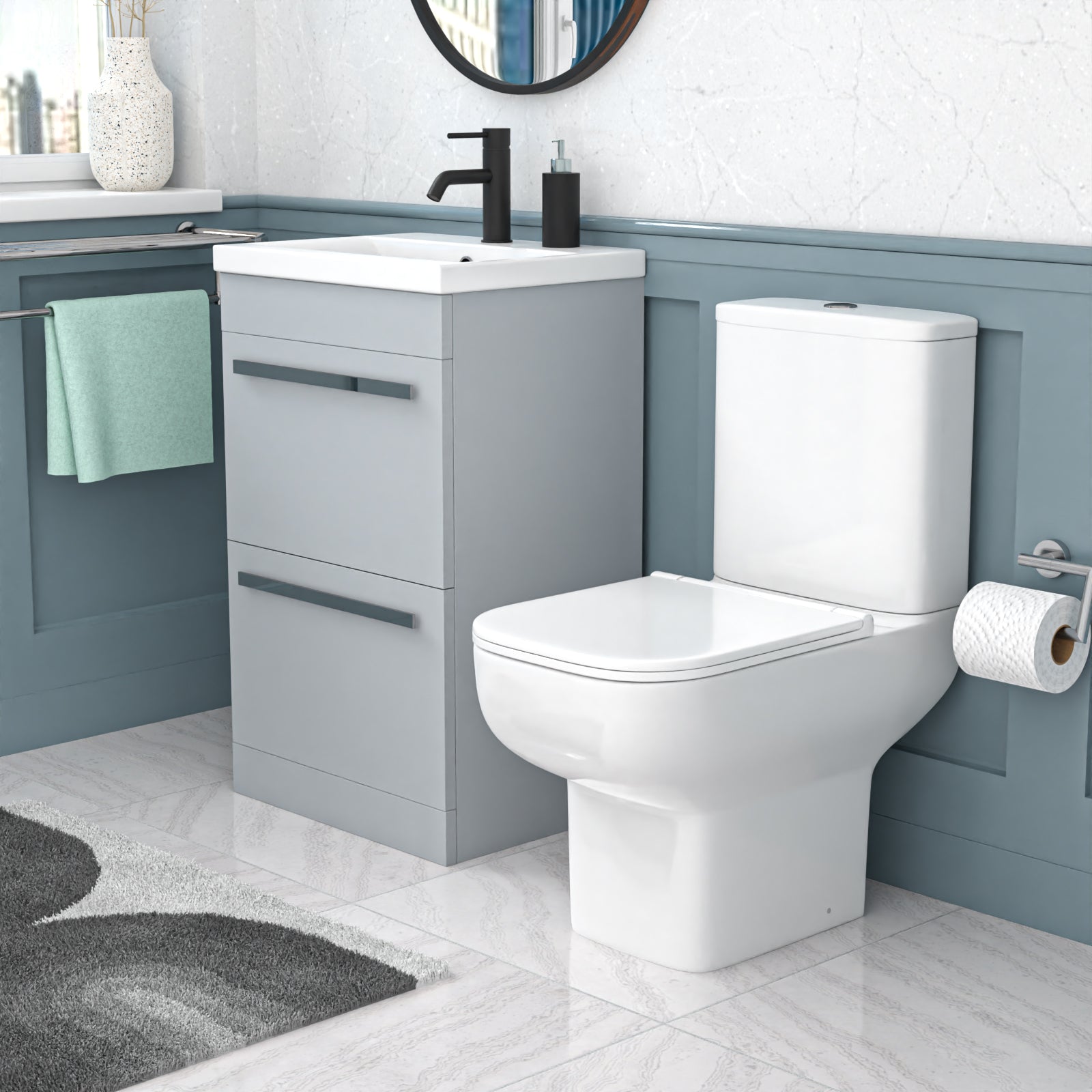 Nanuya 500mm Matte Grey 2 Drawers Vanity Square Close Coupled Toilet