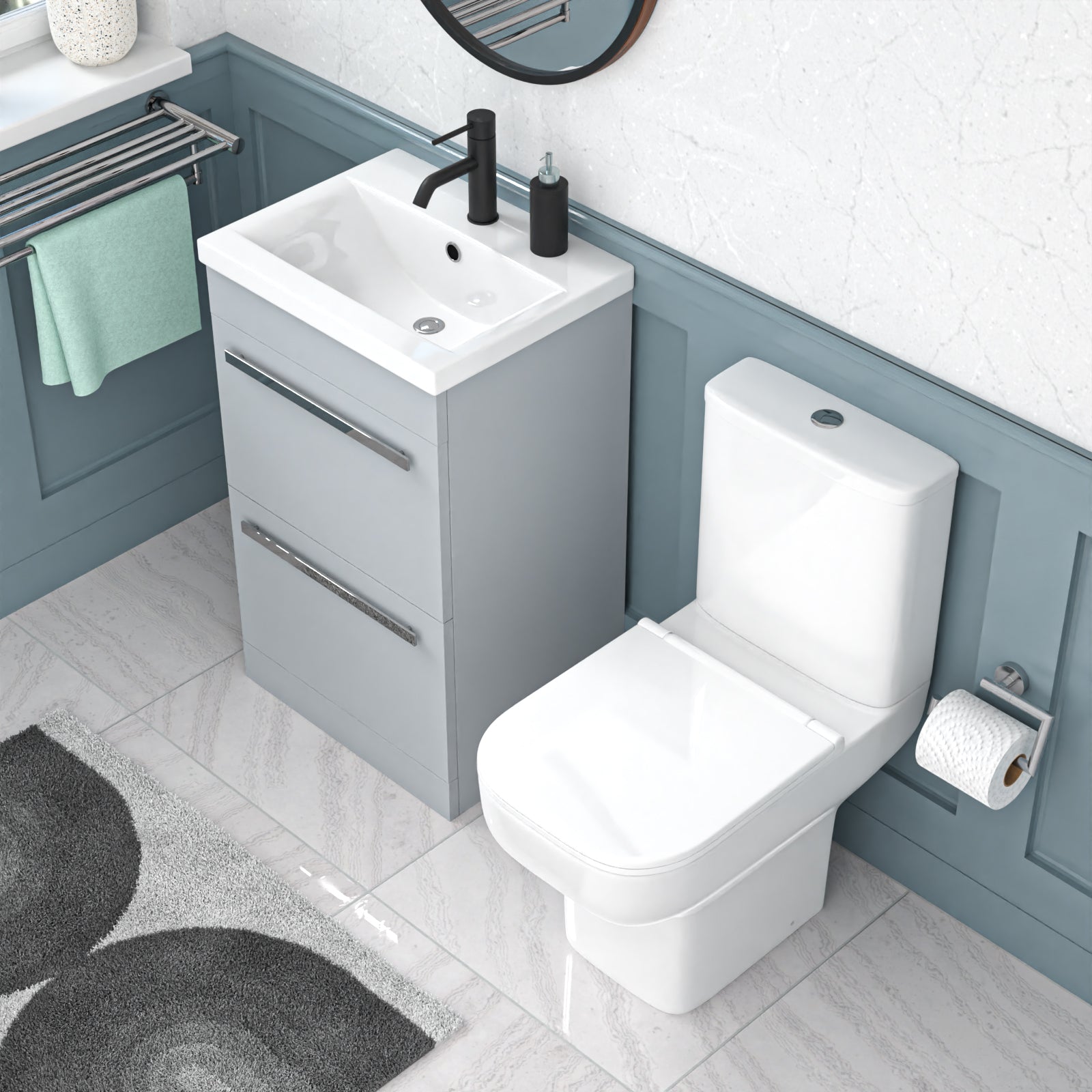 Nanuya 500mm Matte Grey 2 Drawers Vanity Square Close Coupled Toilet