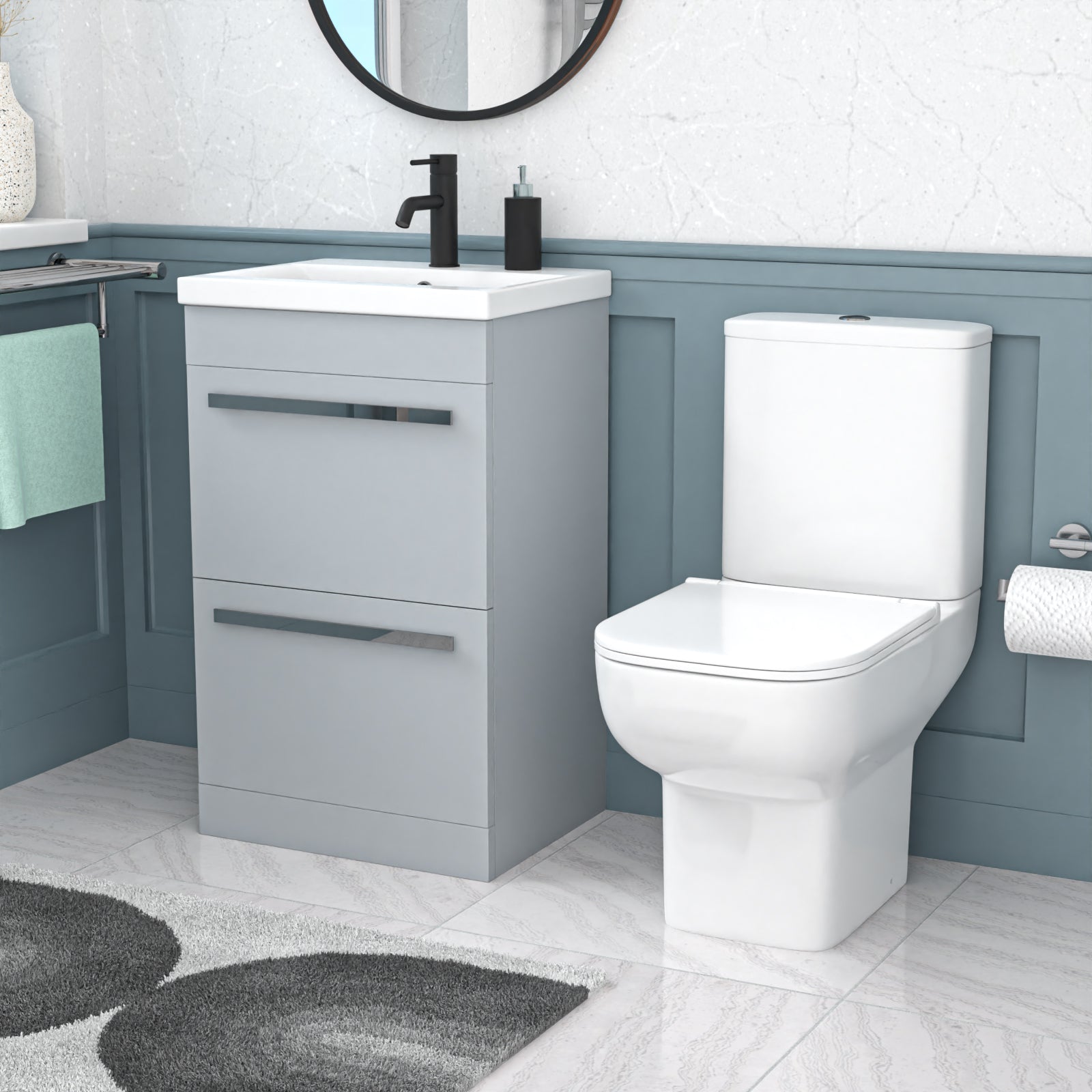 Nanuya 500mm Matte Grey 2 Drawers Vanity Square Close Coupled Toilet