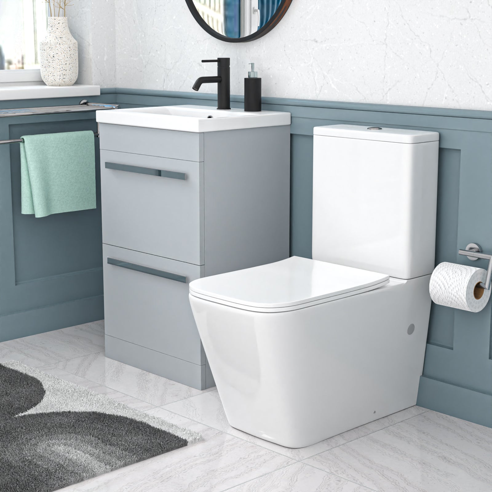Nanuya 500mm Matte Grey 2 Drawers Vanity Rimless Square Close Coupled Toilet