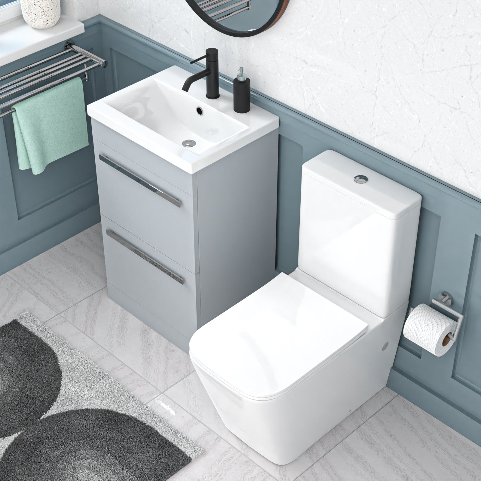 Nanuya 500mm Matte Grey 2 Drawers Vanity Rimless Square Close Coupled Toilet