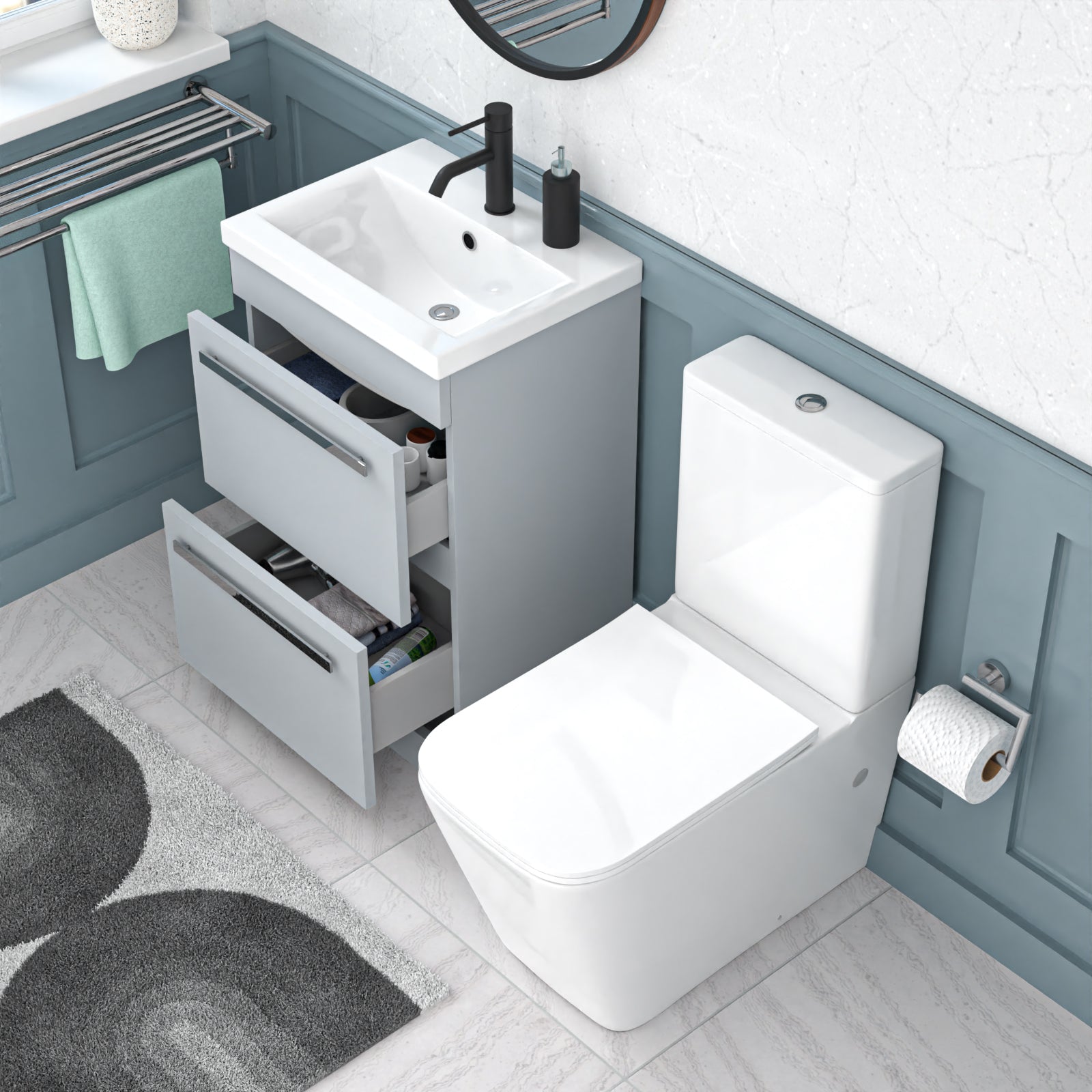 Nanuya 500mm Matte Grey 2 Drawers Vanity Rimless Square Close Coupled Toilet