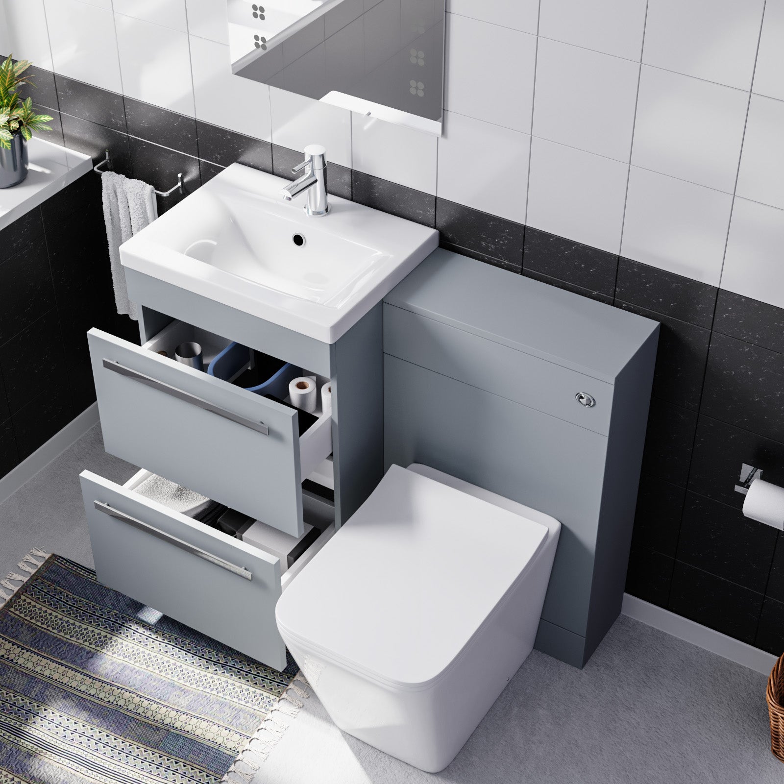 Nanuya Matte Grey 1000mm Basin Vanity Cabinet & WC with Square Rimless Toilet