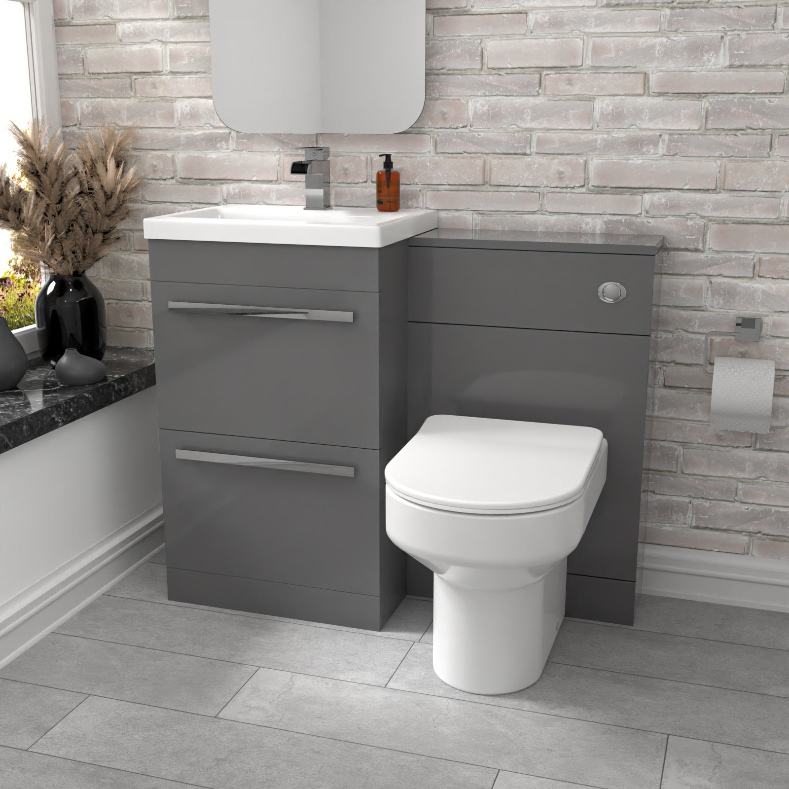 Nanuya 2 Drawers Grey Basin Vanity, WC Unit & Back To Wall Comfort Toilet