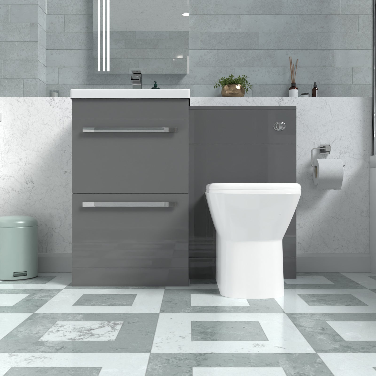 Nanuya Steel Grey Basin Vanity Cabinet, WC Unit & Rimless Back To Wall Toilet