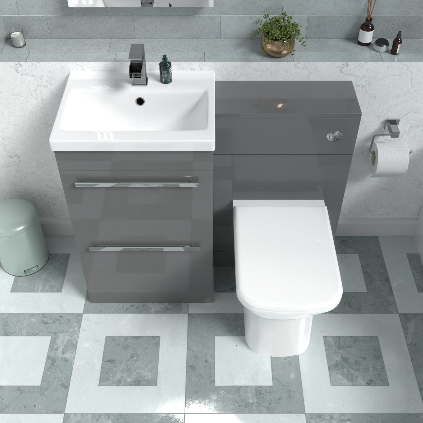 Nanuya Steel Grey Basin Vanity Cabinet, WC Unit & Rimless Back To Wall Toilet