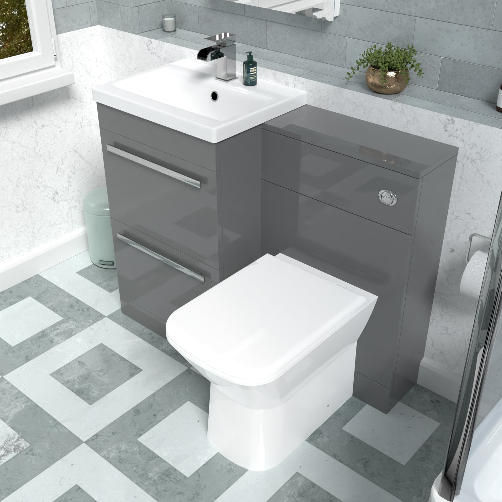 Nanuya Steel Grey Basin Vanity Cabinet, WC Unit & Rimless Back To Wall Toilet