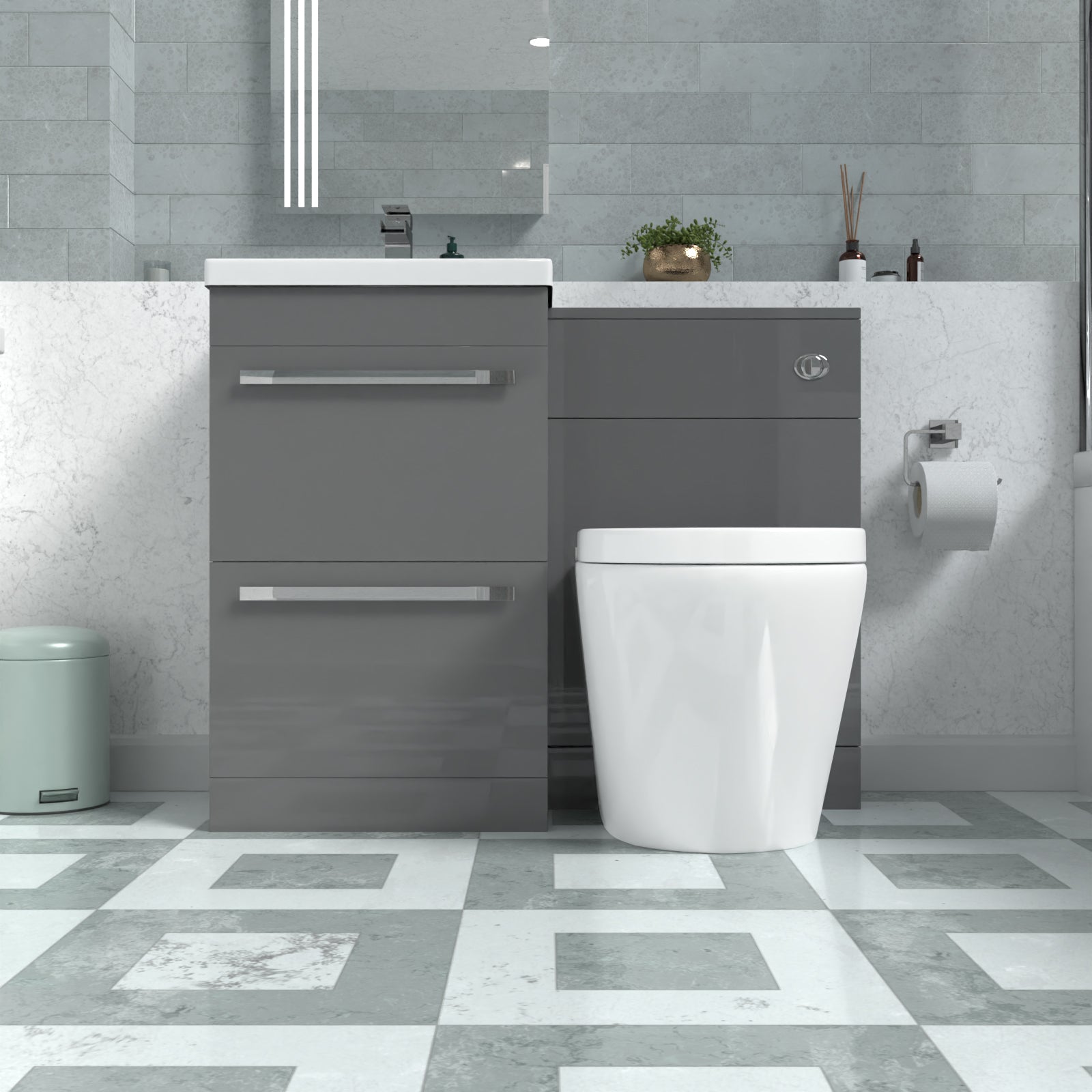 Nanuya Steel Grey Drawers Basin Cabinet, WC Unit & Rimless Back To Wall Toilet