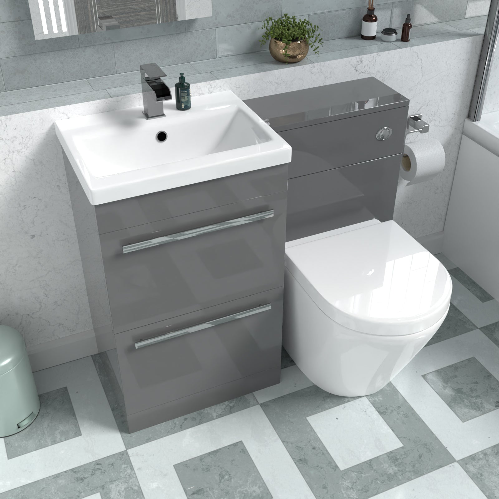 Nanuya Steel Grey Drawers Basin Cabinet, WC Unit & Rimless Back To Wall Toilet