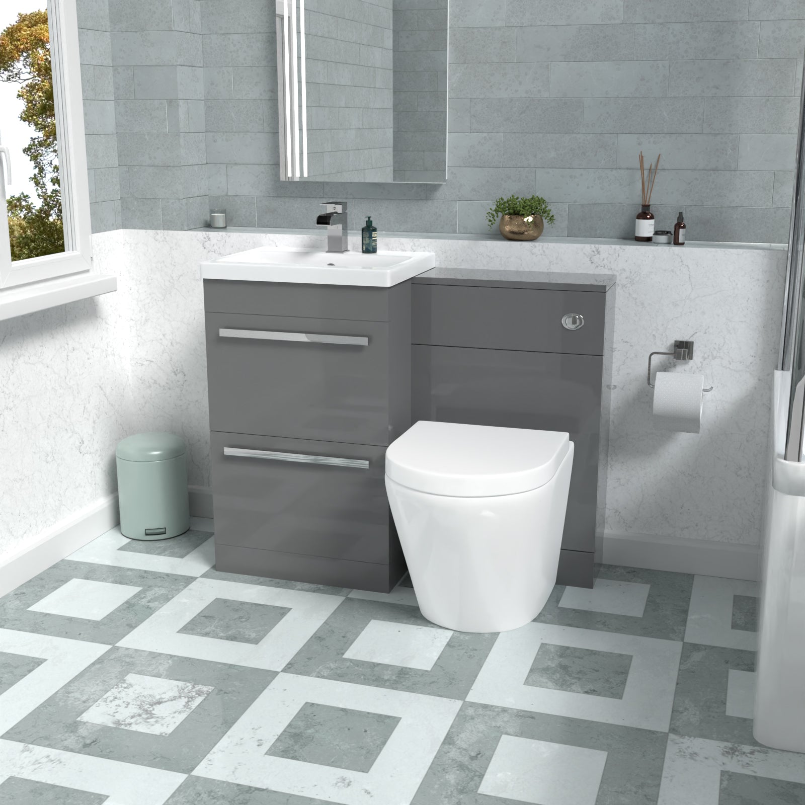 Nanuya Steel Grey Drawers Basin Cabinet, WC Unit & Rimless Back To Wall Toilet