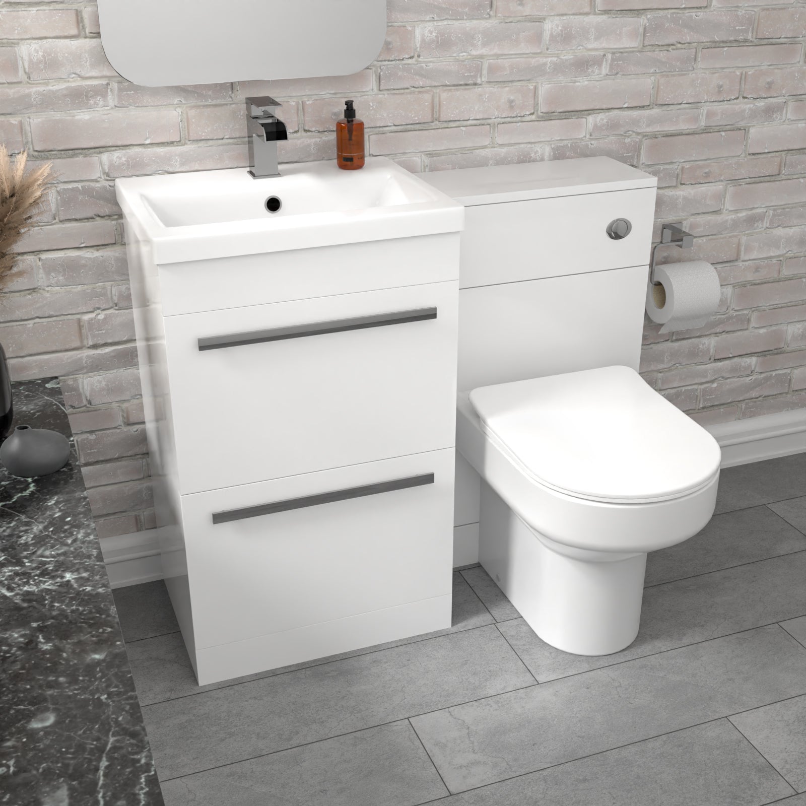 Nanuya 2 Drawers White Basin Vanity, WC Unit & Back To Wall Comfort Toilet