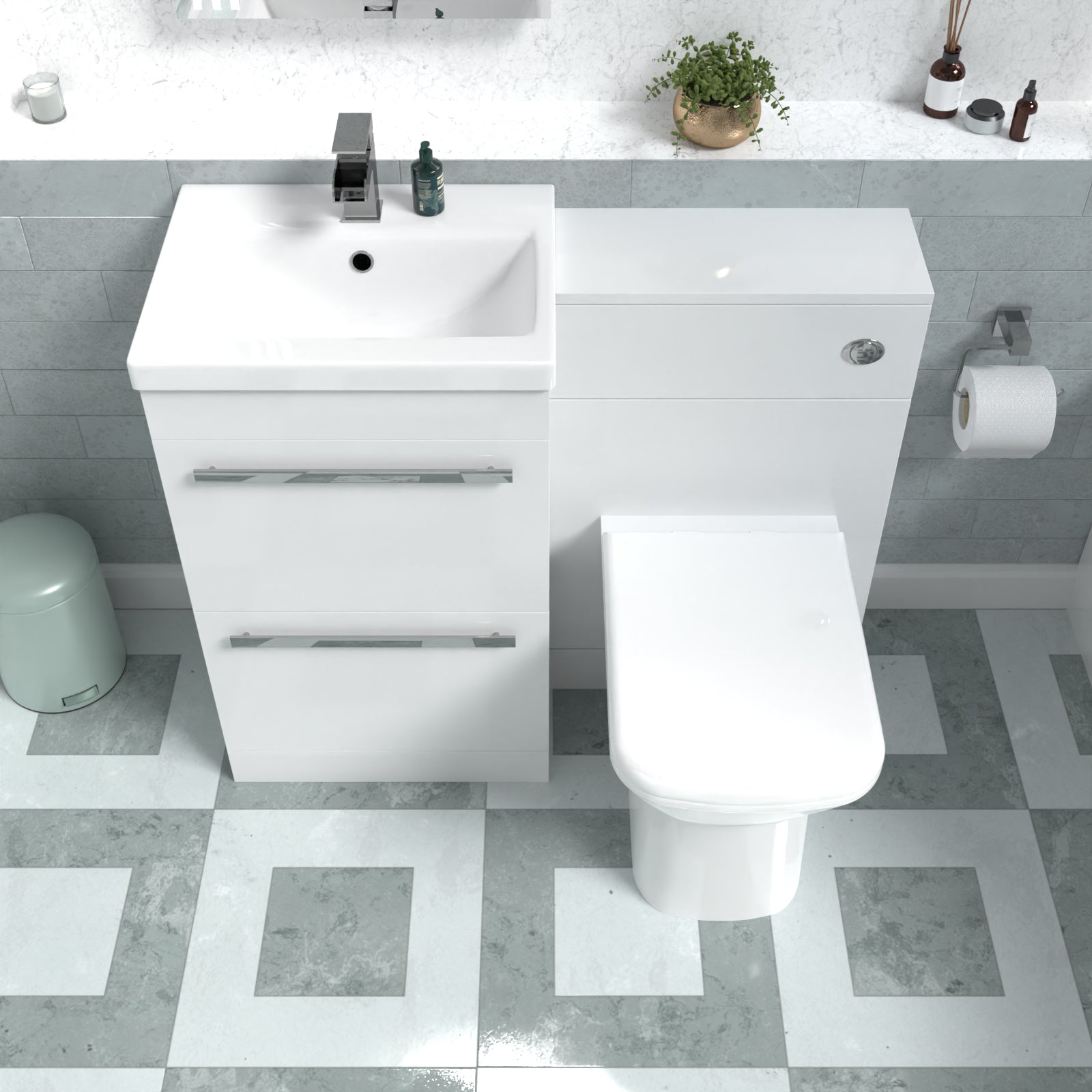 Nanuya White Basin Vanity Cabinet, WC Unit & Rimless Back To Wall Toilet