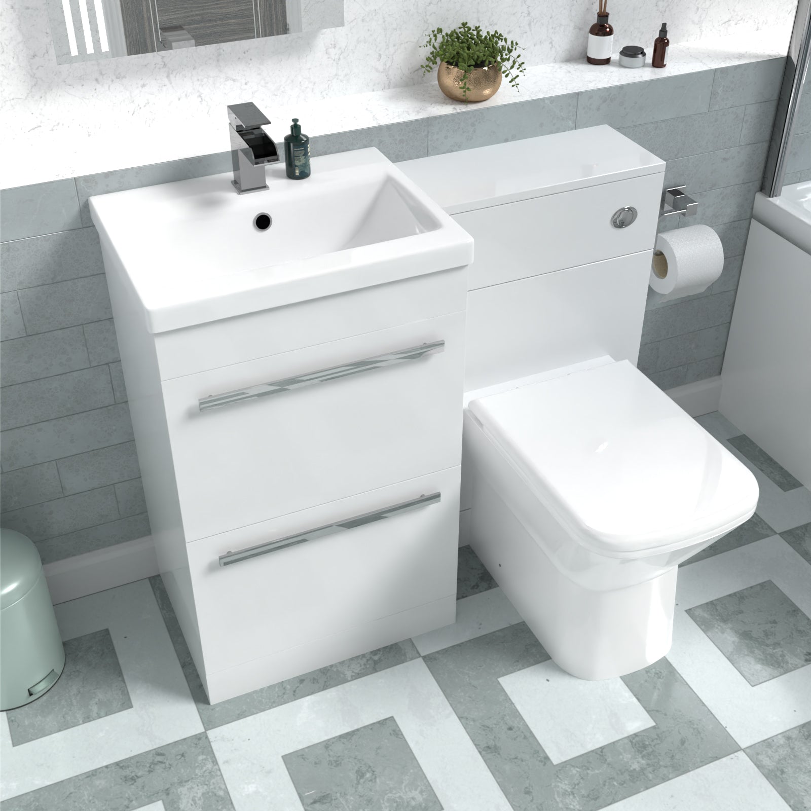 Nanuya White Basin Vanity Cabinet, WC Unit & Rimless Back To Wall Toilet