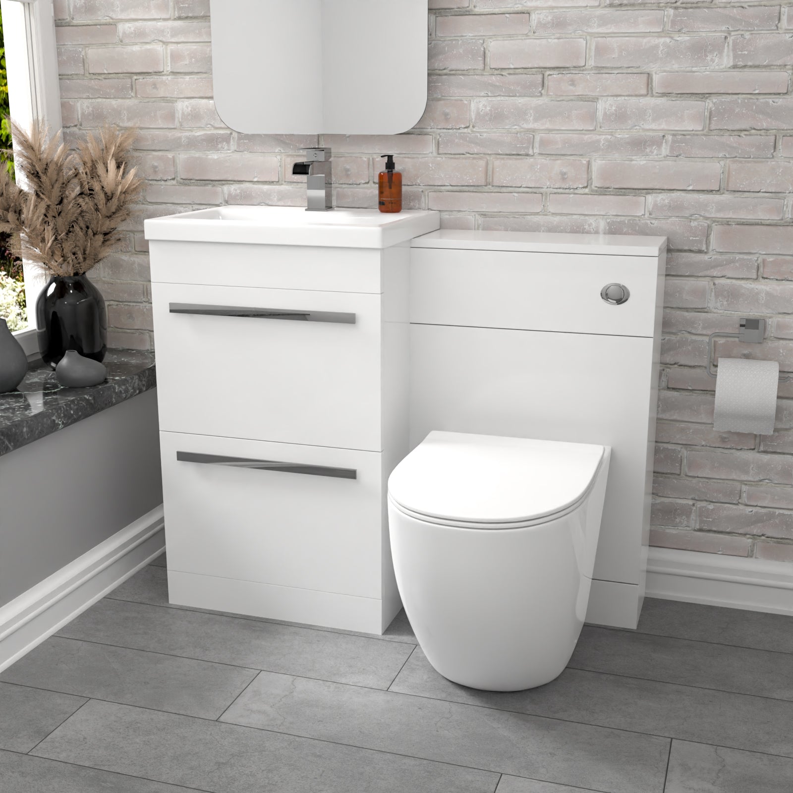 1000mm Freestanding White 2 Drawer Basin Vanity & Back To Wall Toilet