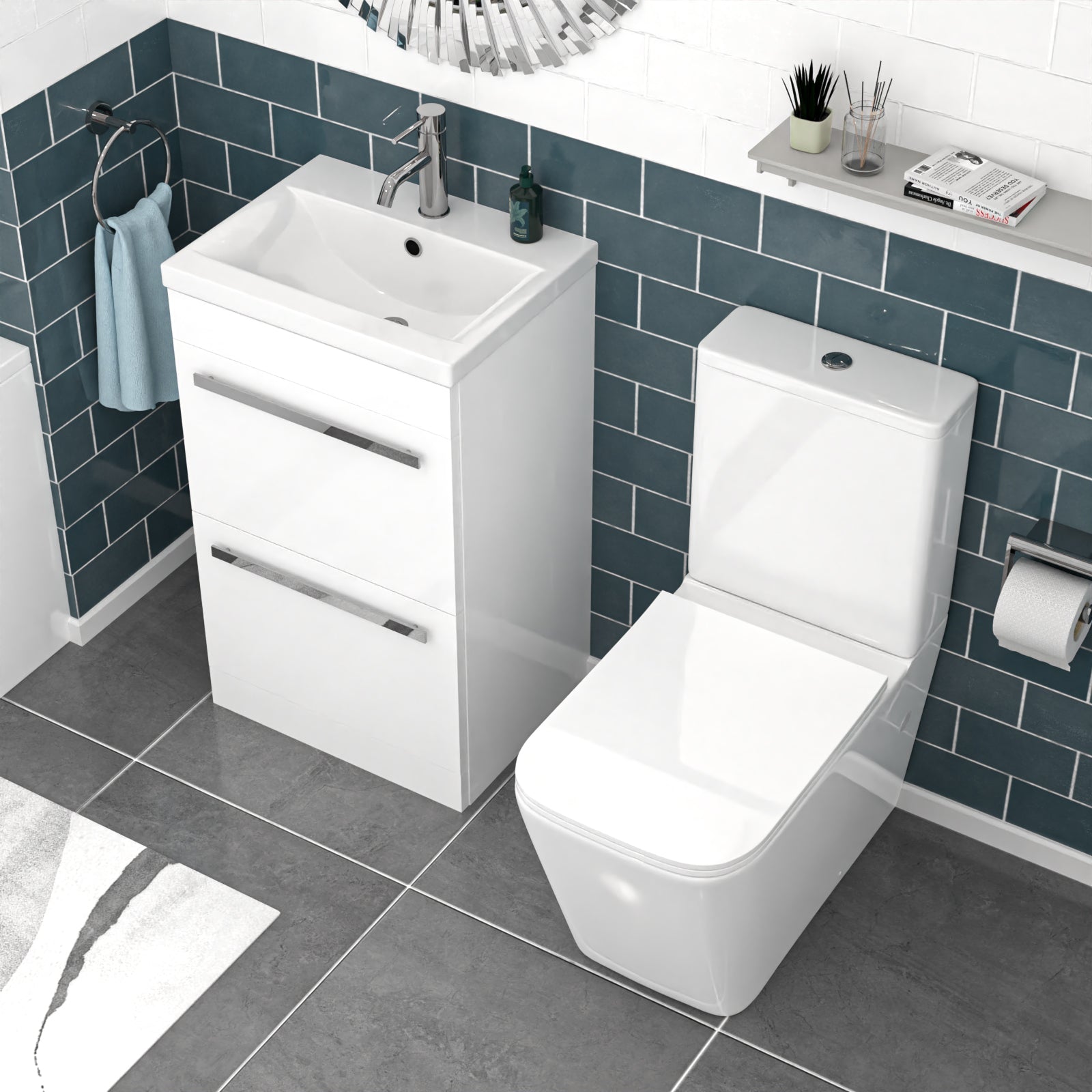 Nanuya 500mm White 2 Drawers Vanity With Rimless Square Close Coupled Toilet