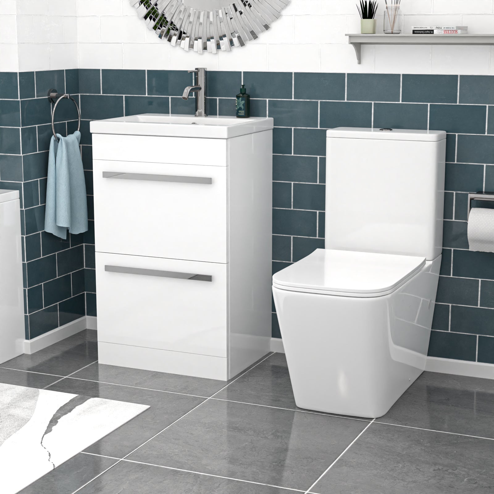 Nanuya 500mm White 2 Drawers Vanity With Rimless Square Close Coupled Toilet