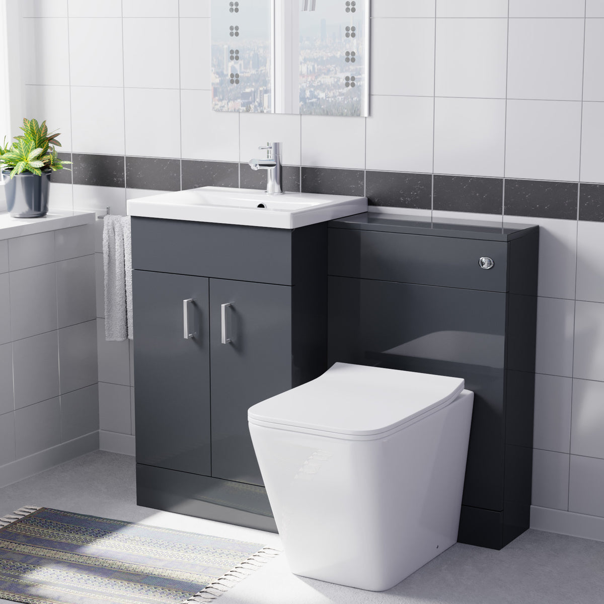 Anthracite 1000mm Freestanding Doors Vanity With WC Unit & BTW Toilet Pan