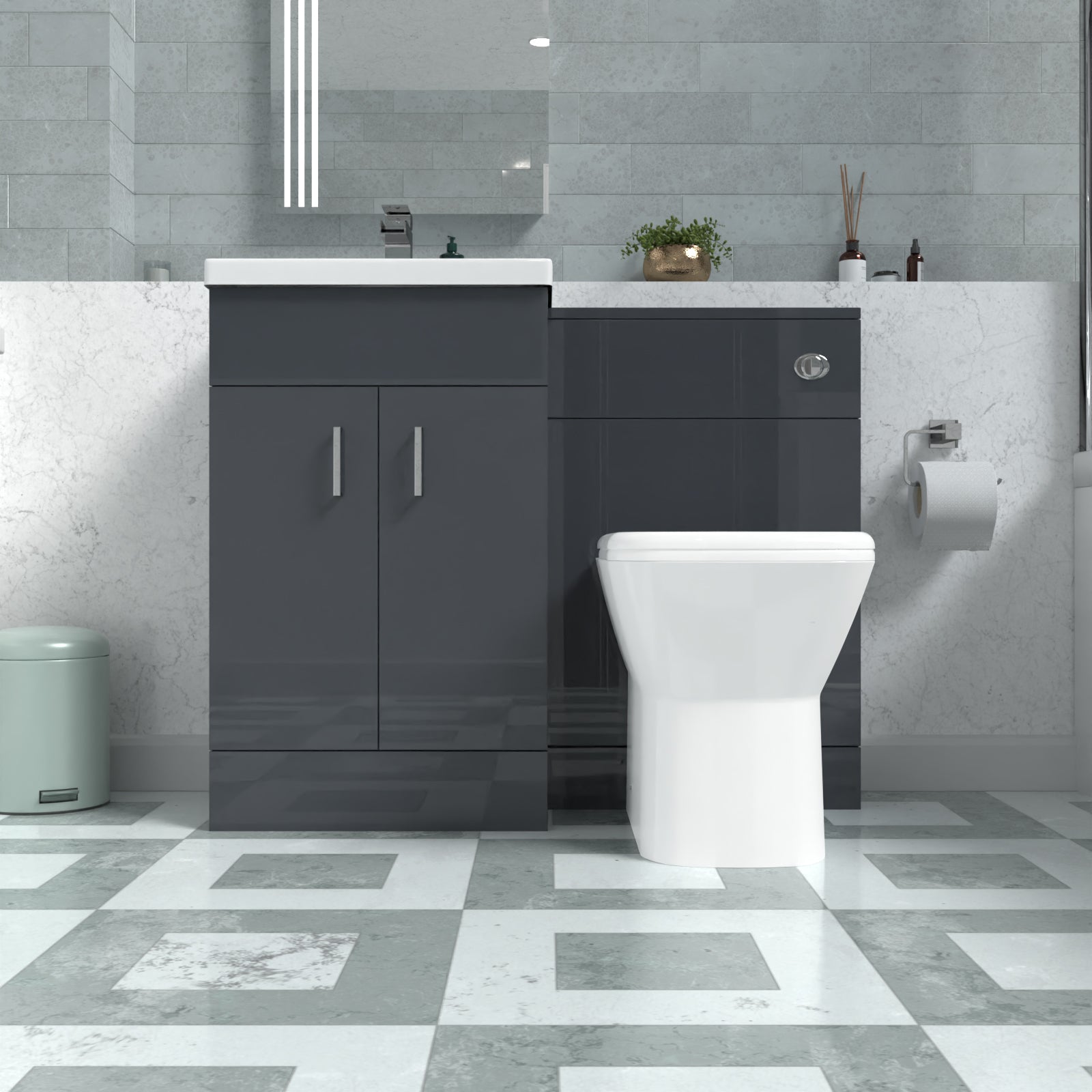 Nanuya Dark Grey Vanity Basin Cabinet, WC Unit & Rimless Back To Wall Toilet