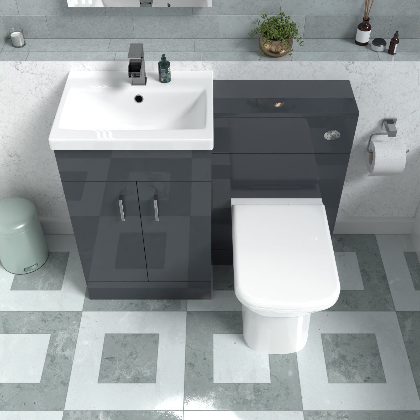 Nanuya Dark Grey Vanity Basin Cabinet, WC Unit & Rimless Back To Wall Toilet