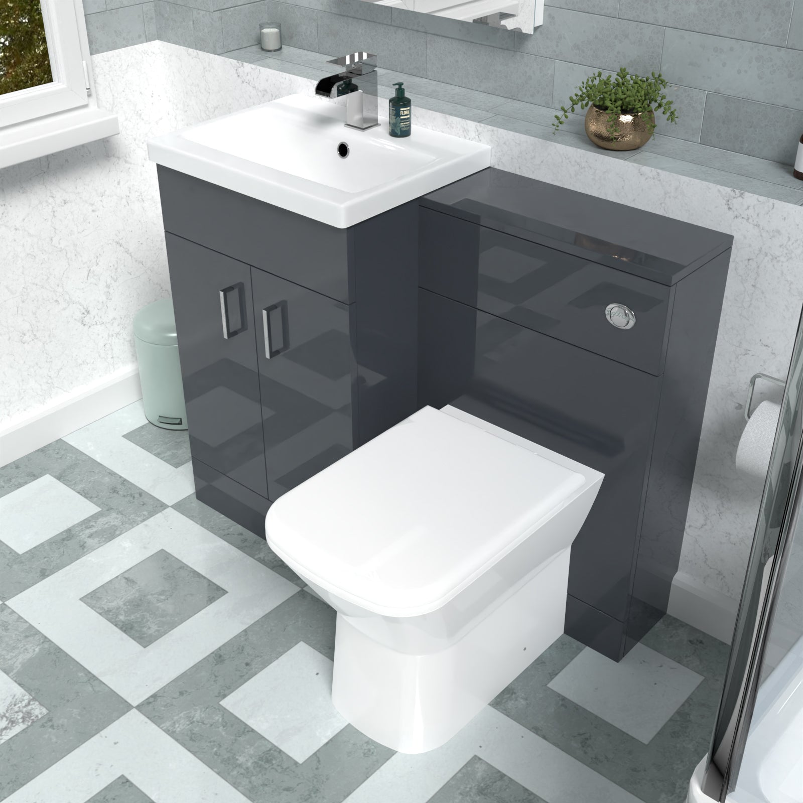 Nanuya Dark Grey Vanity Basin Cabinet, WC Unit & Rimless Back To Wall Toilet