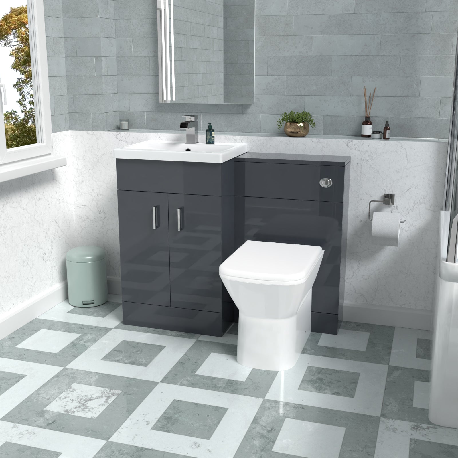 Nanuya Dark Grey Vanity Basin Cabinet, WC Unit & Rimless Back To Wall Toilet