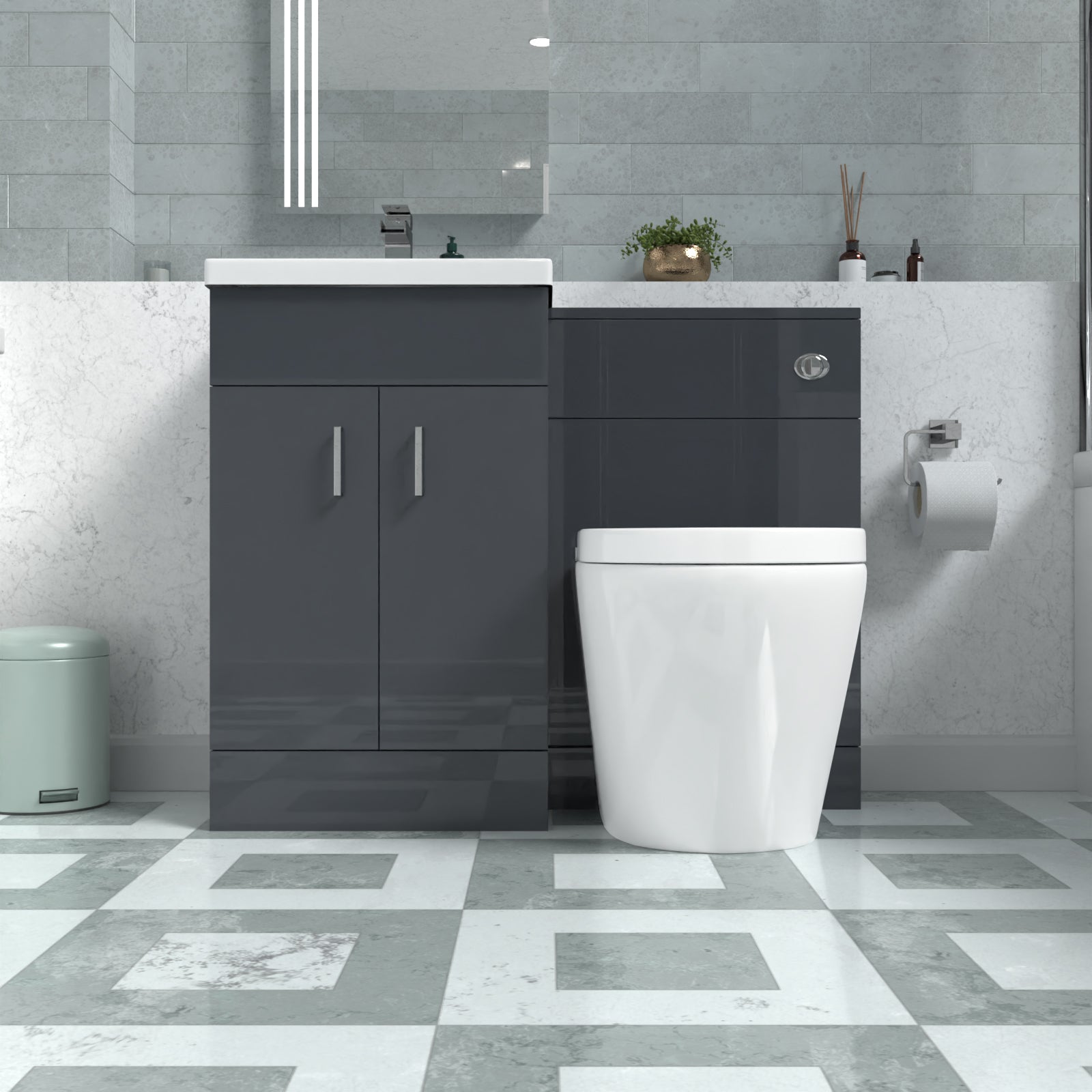 Nanuya Basin Vanity Cabinet, WC Unit Dark Grey & Rimless Back To Wall Toilet