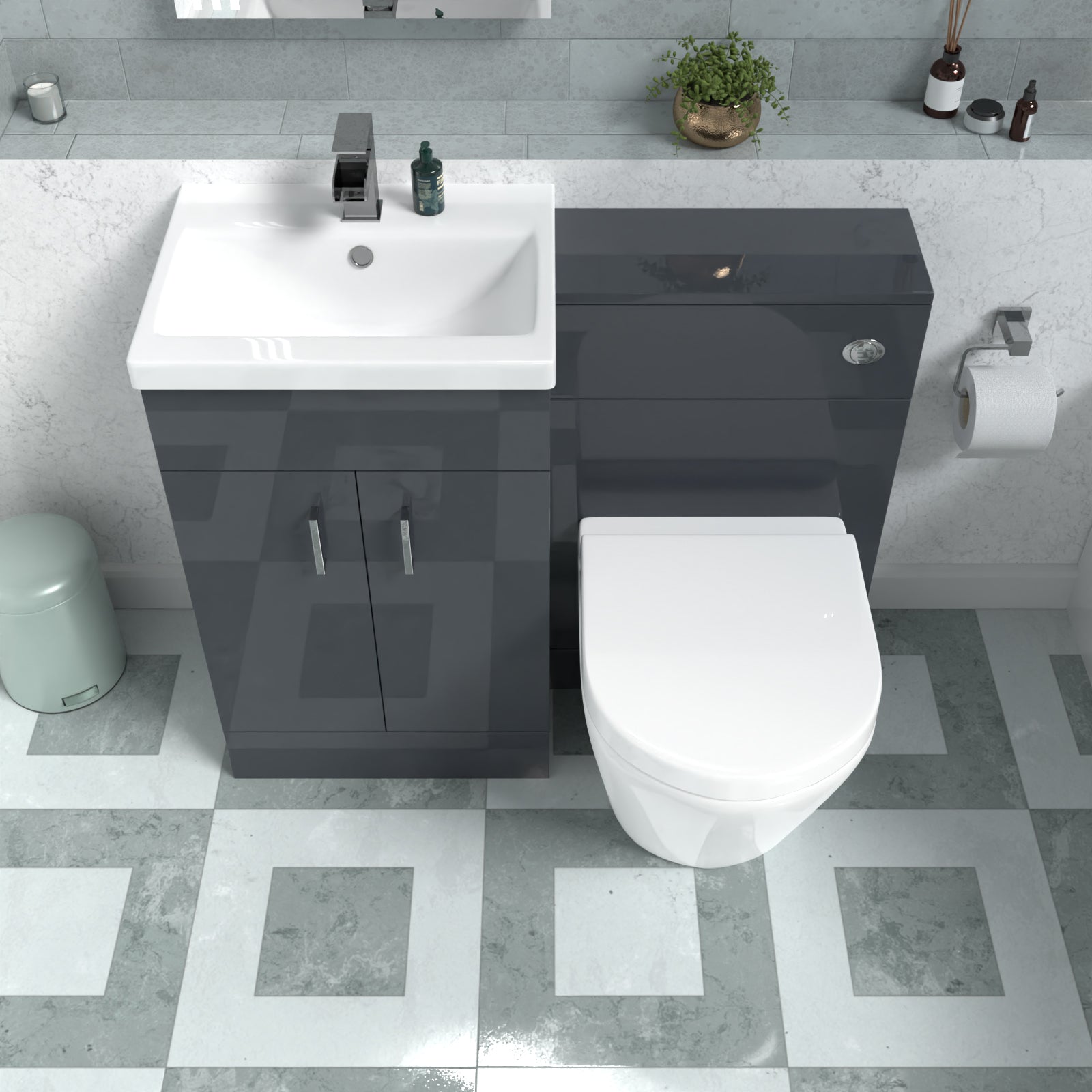 Nanuya Basin Vanity Cabinet, WC Unit Dark Grey & Rimless Back To Wall Toilet