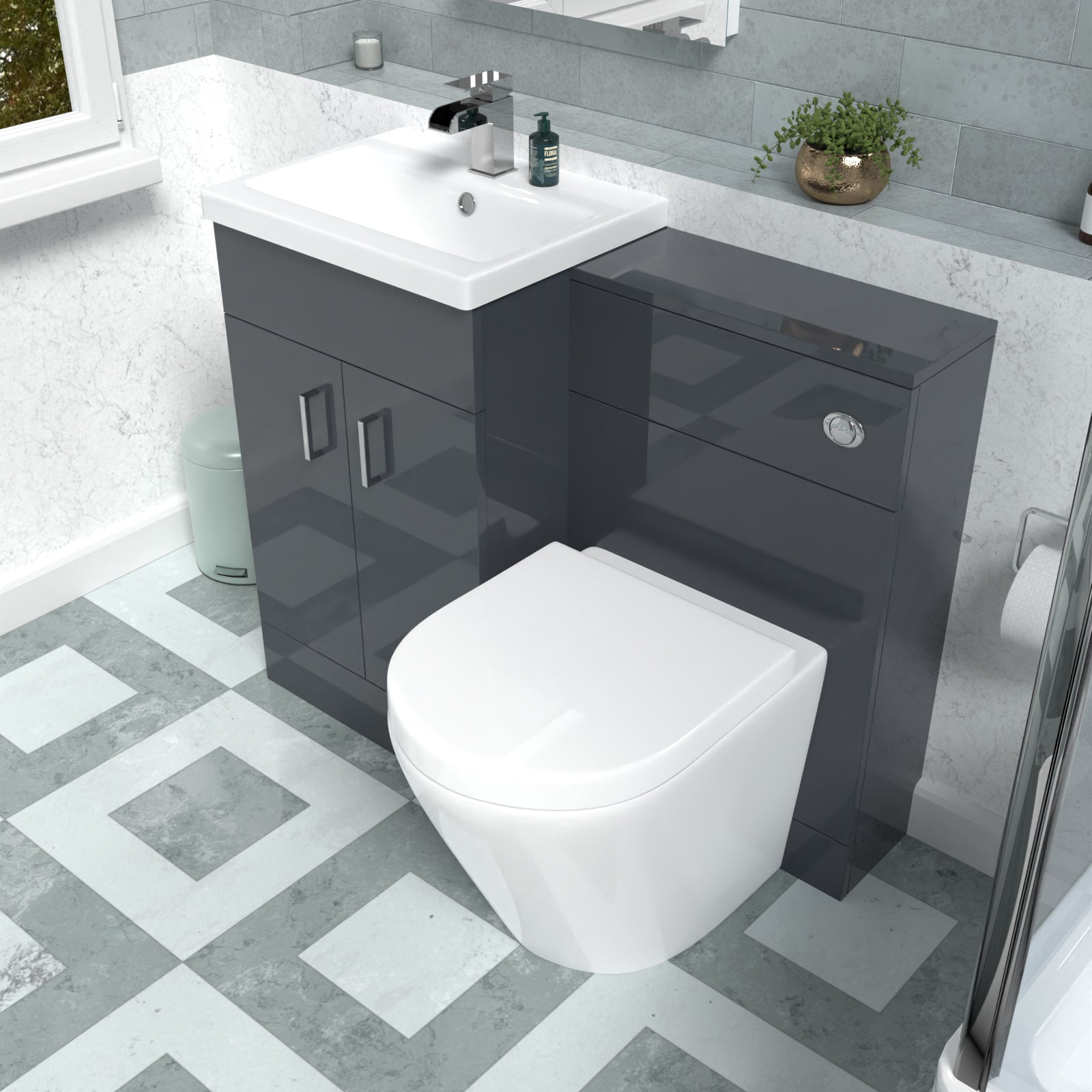 Nanuya Basin Vanity Cabinet, WC Unit Dark Grey & Rimless Back To Wall Toilet