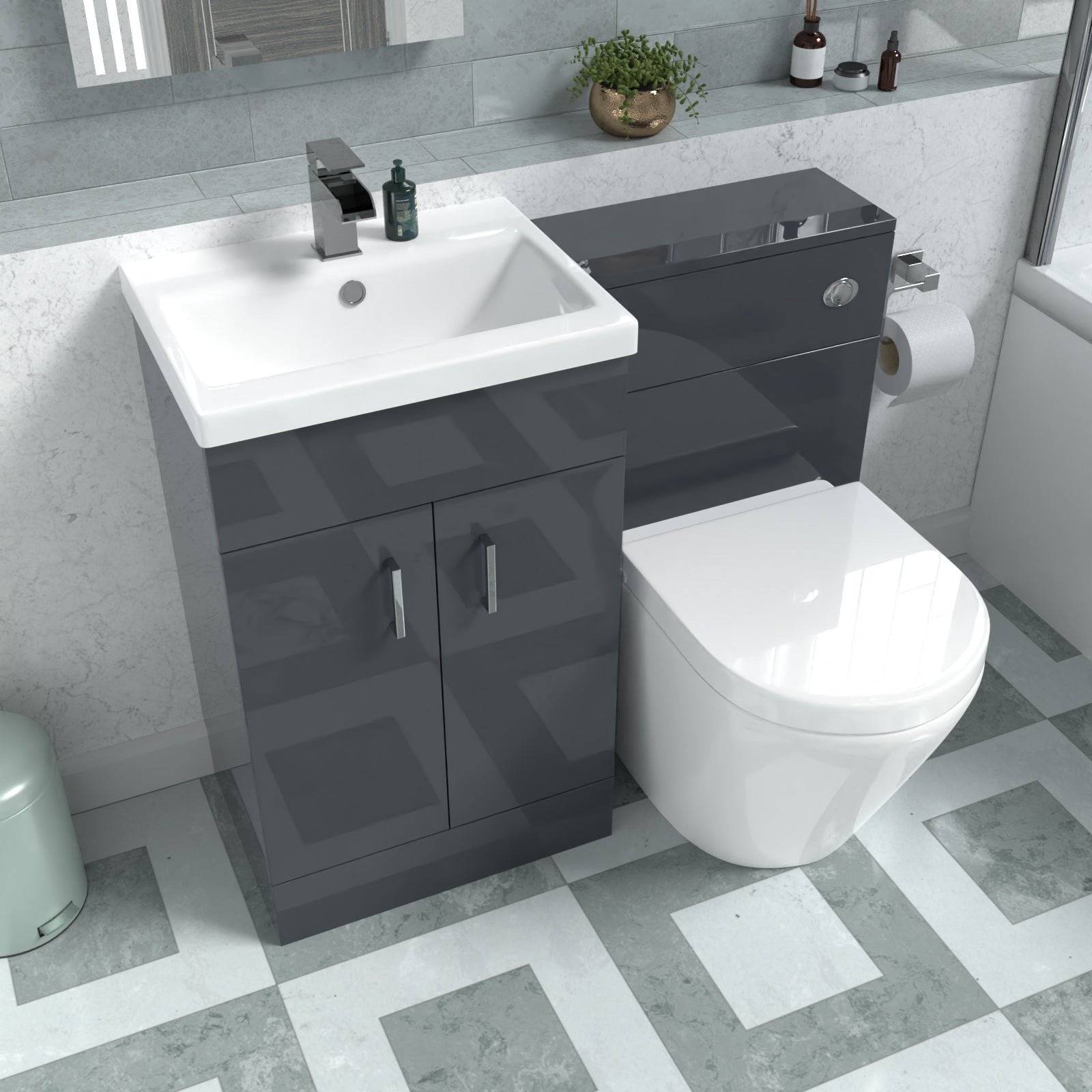 Nanuya Basin Vanity Cabinet, WC Unit Dark Grey & Rimless Back To Wall Toilet