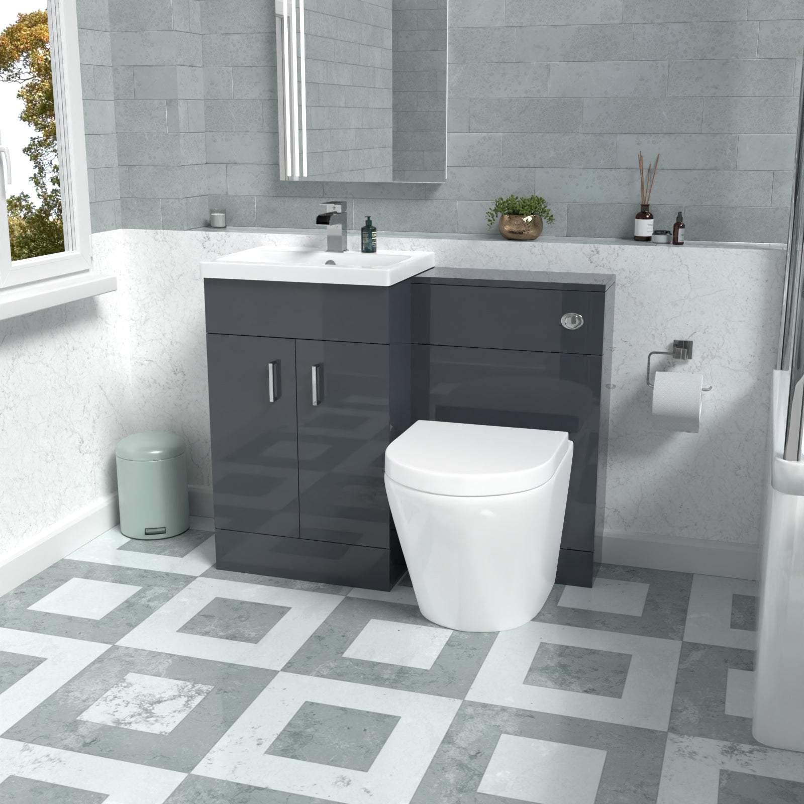 Nanuya Basin Vanity Cabinet, WC Unit Dark Grey & Rimless Back To Wall Toilet