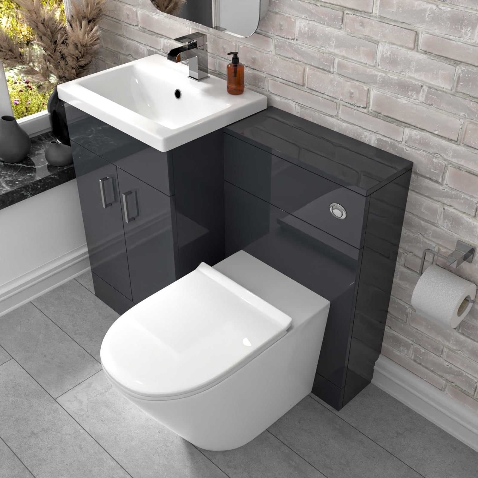 Nanuya Dark Grey Vanity Basin Cabinet, WC Unit & Rimless Toilet