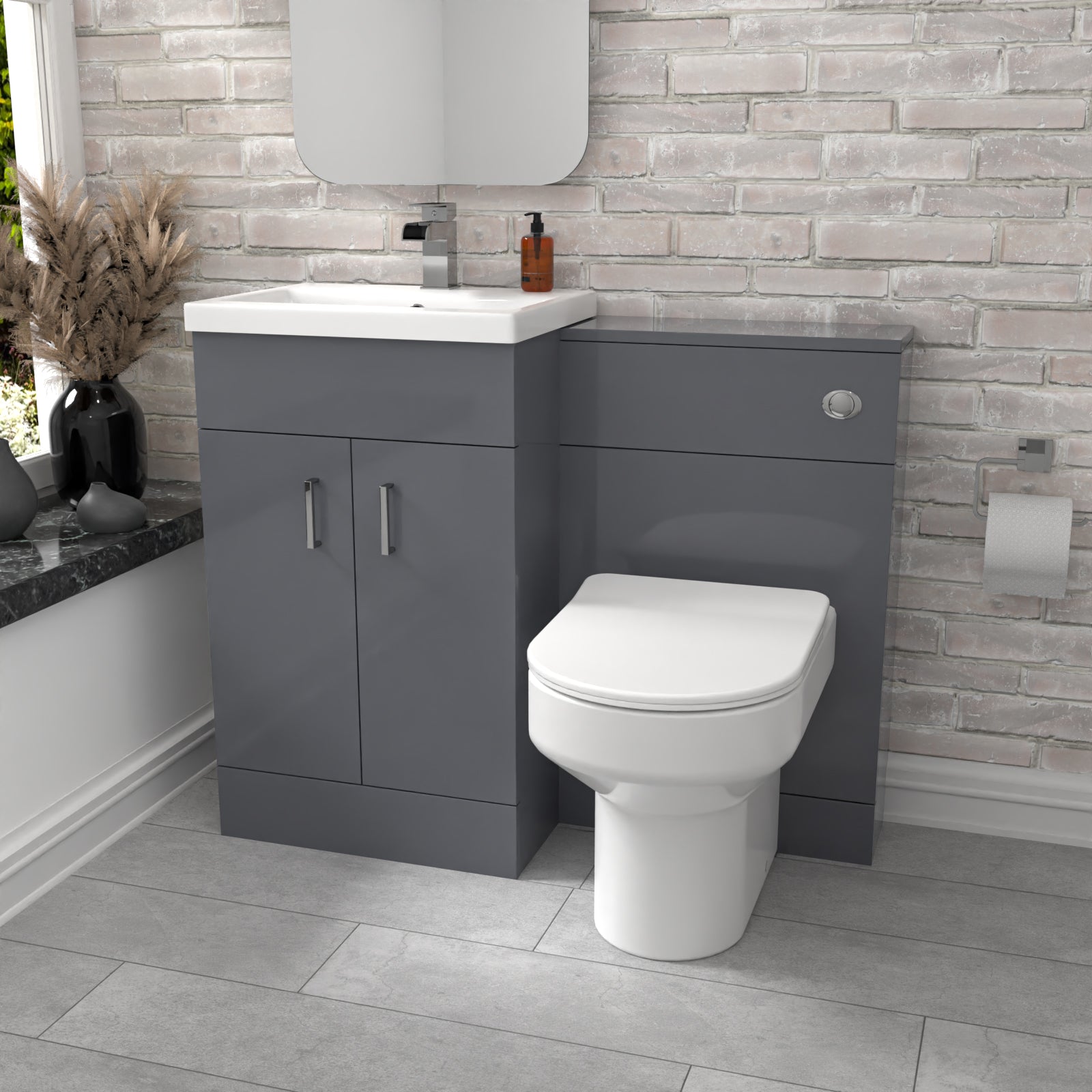 Nanuya Grey Vanity Basin Cabinet, WC Unit & Comfort Back To Wall Toilet