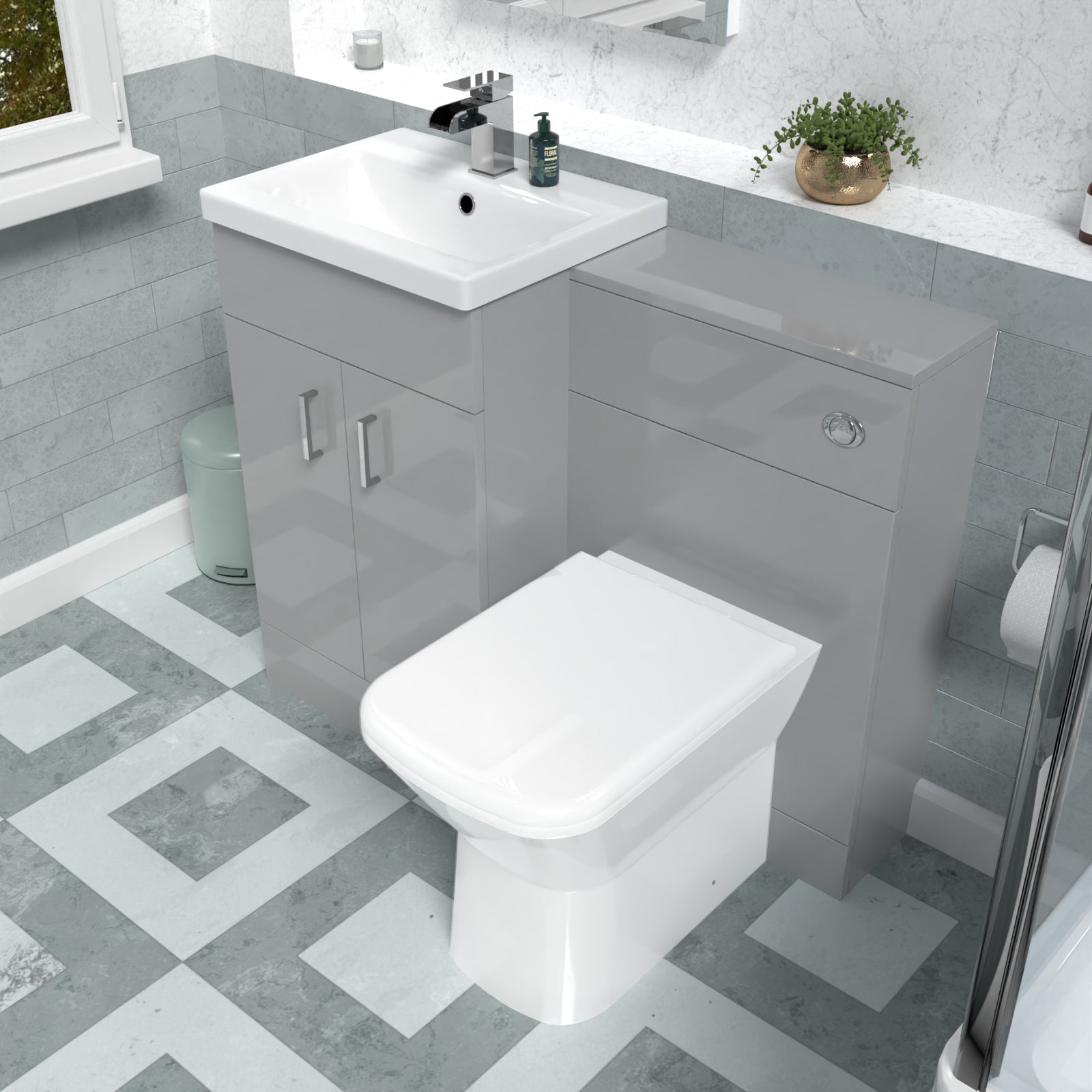 Nanuya Grey Vanity Basin Cabinet, WC Unit & Rimless Back To Wall Toilet