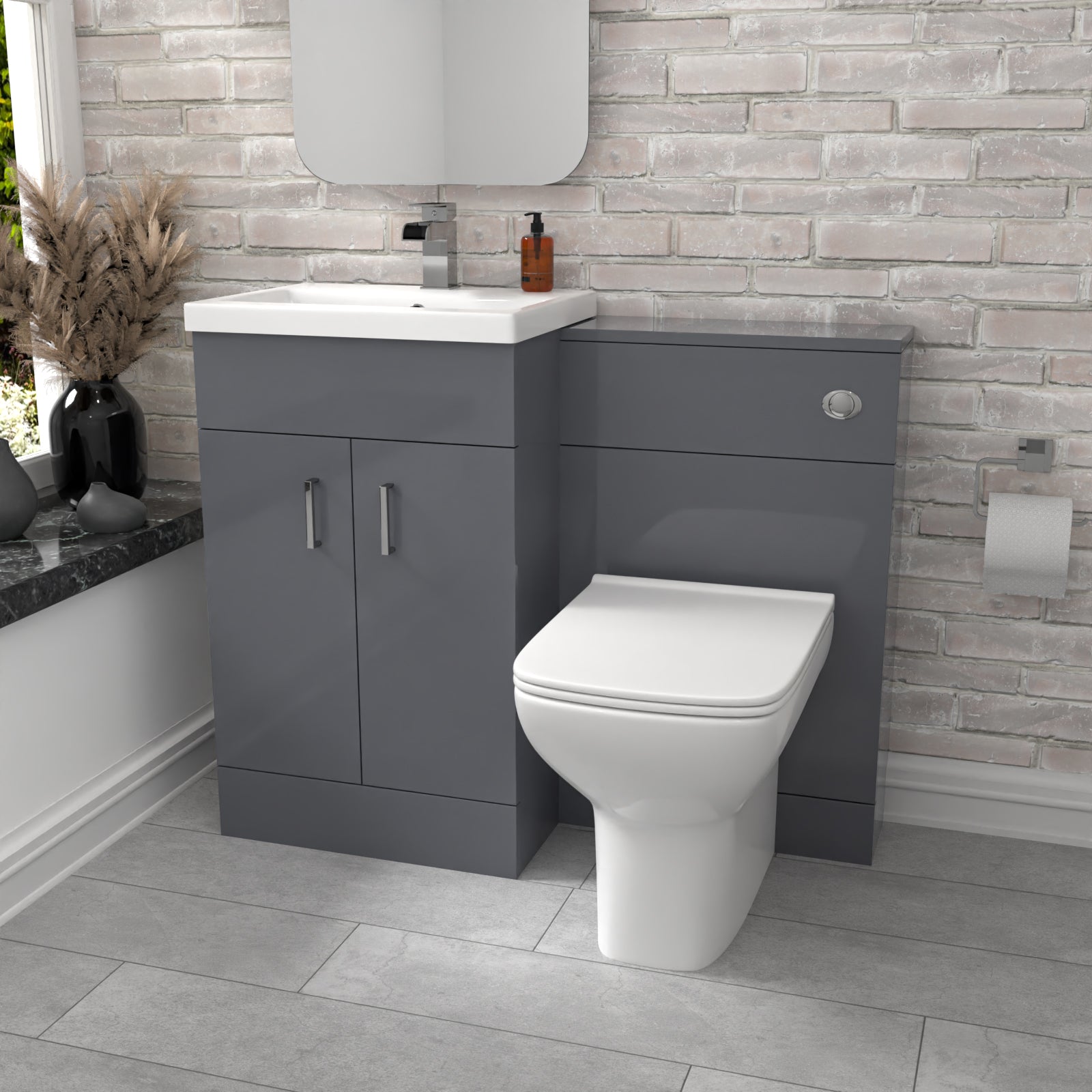 Nanuya Grey Vanity Basin Cabinet, WC Unit & Back To Wall Toilet