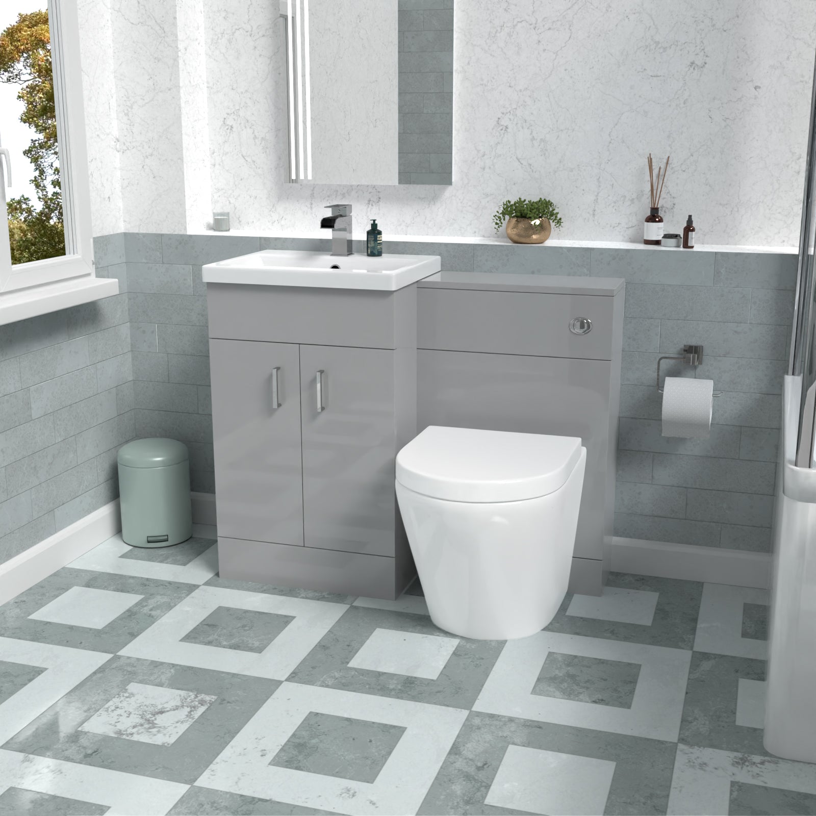 Nanuya Basin Vanity Cabinet, WC Unit Grey & Rimless Back To Wall Toilet