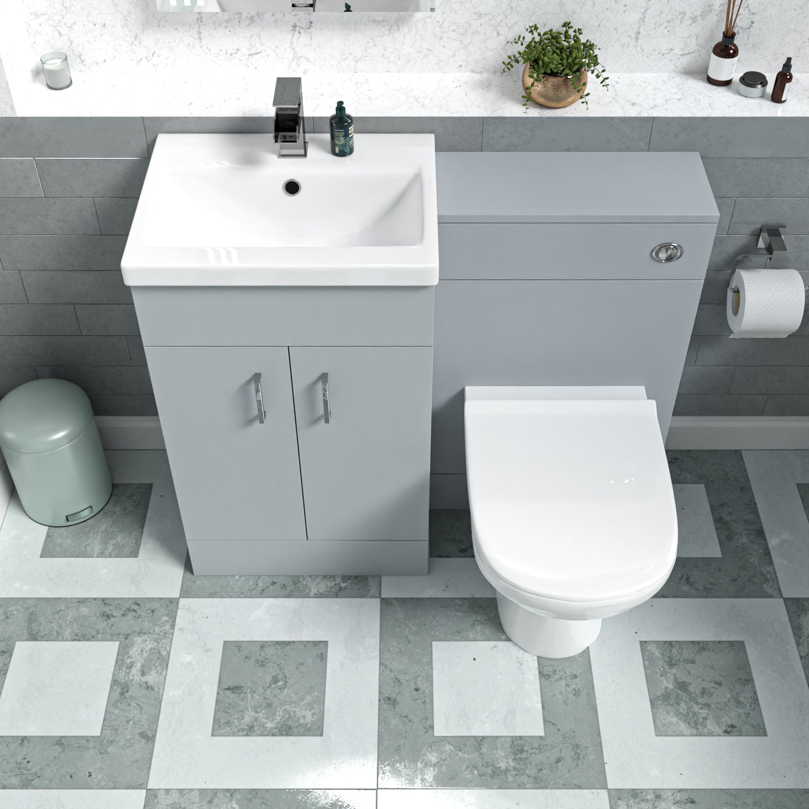 Nanuya Matte Grey Basin Vanity Cabinet WC Unit & Rimless Back To Wall Toilet