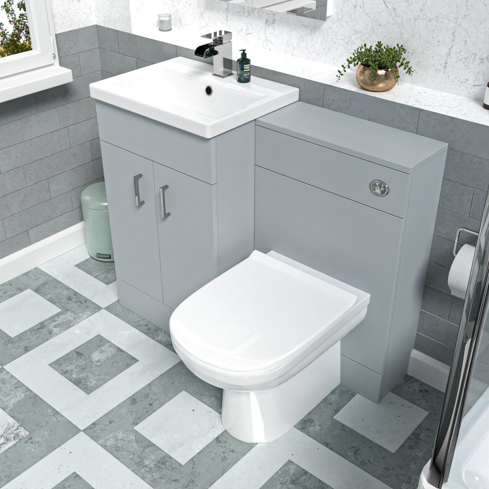 Nanuya Matte Grey Basin Vanity Cabinet WC Unit & Rimless Back To Wall Toilet