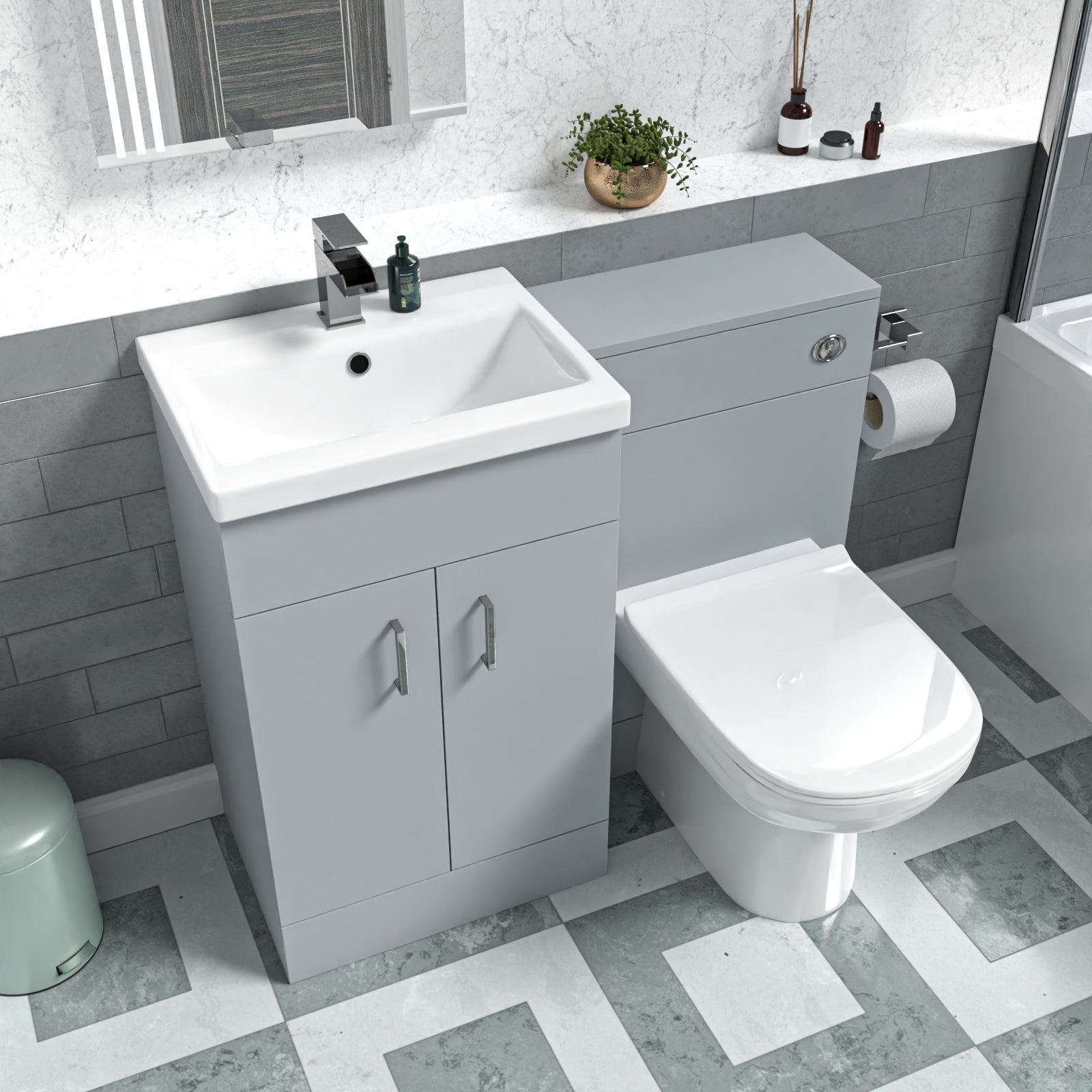 Nanuya Matte Grey Basin Vanity Cabinet WC Unit & Rimless Back To Wall Toilet