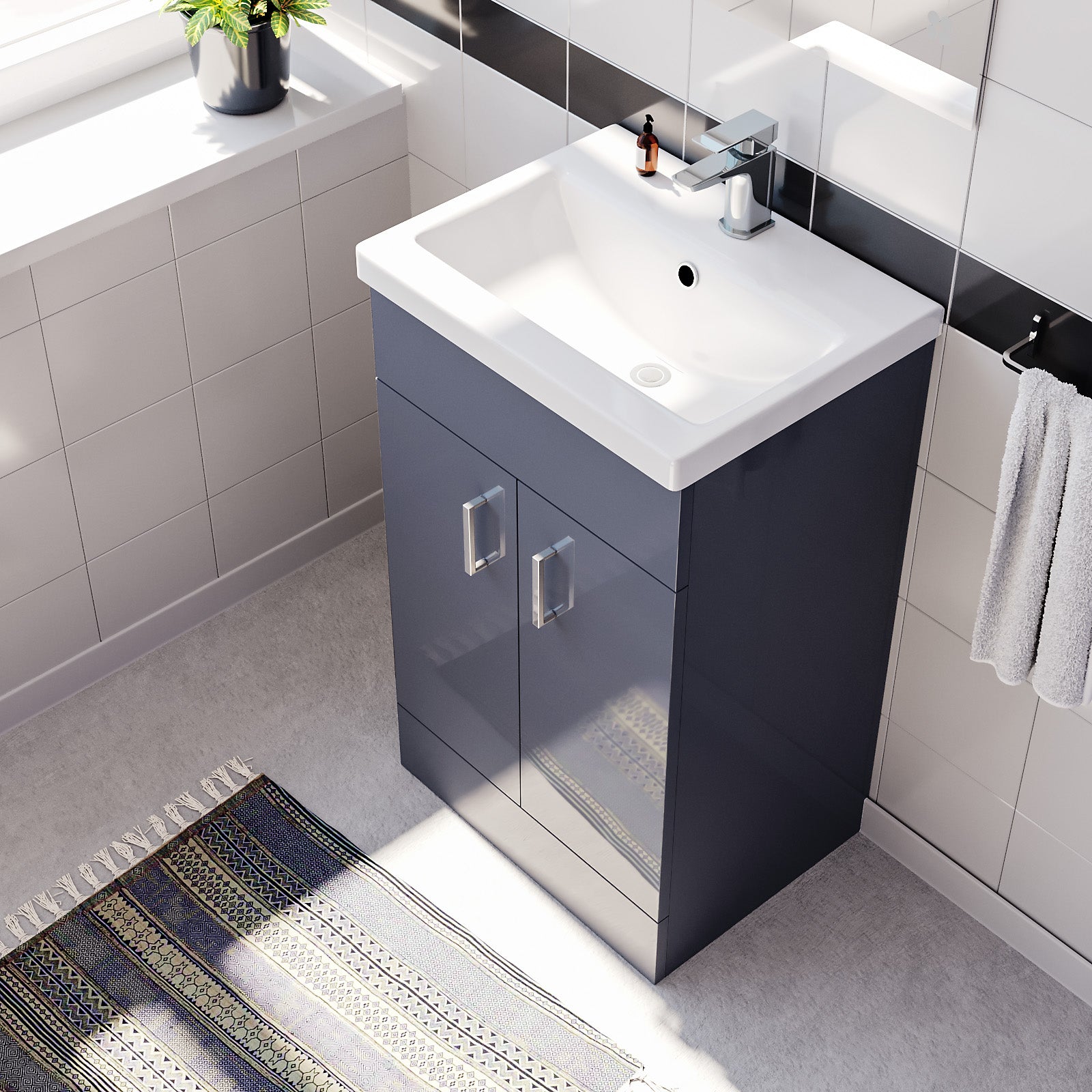 Steel Grey 500mm Floor Standing Vanity Unit & White Basin