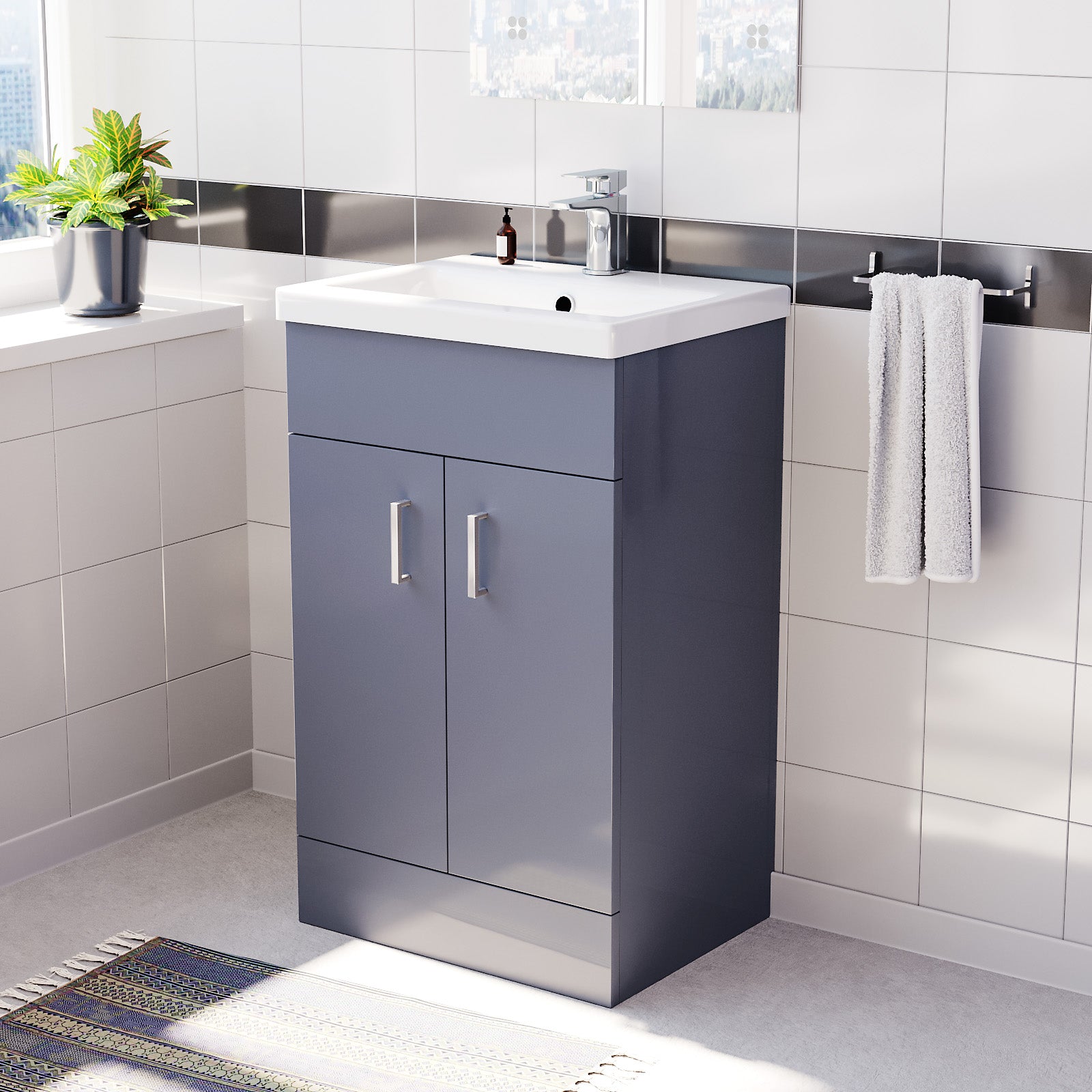 Steel Grey 500mm Floor Standing Vanity Unit & White Basin Flat Pack