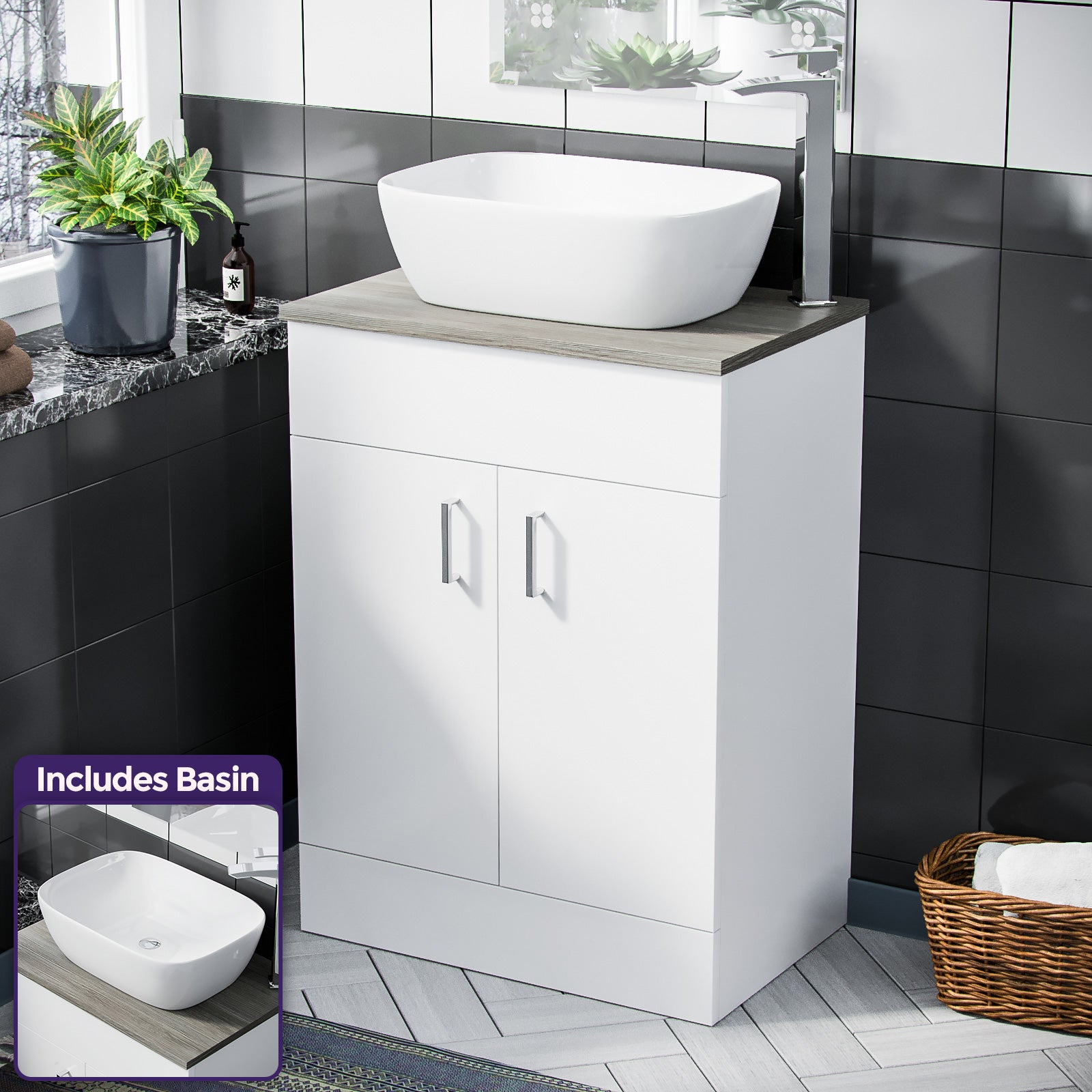 Nanuya 600 mm White Vanity Cabinet and Counter Top Basin Sink