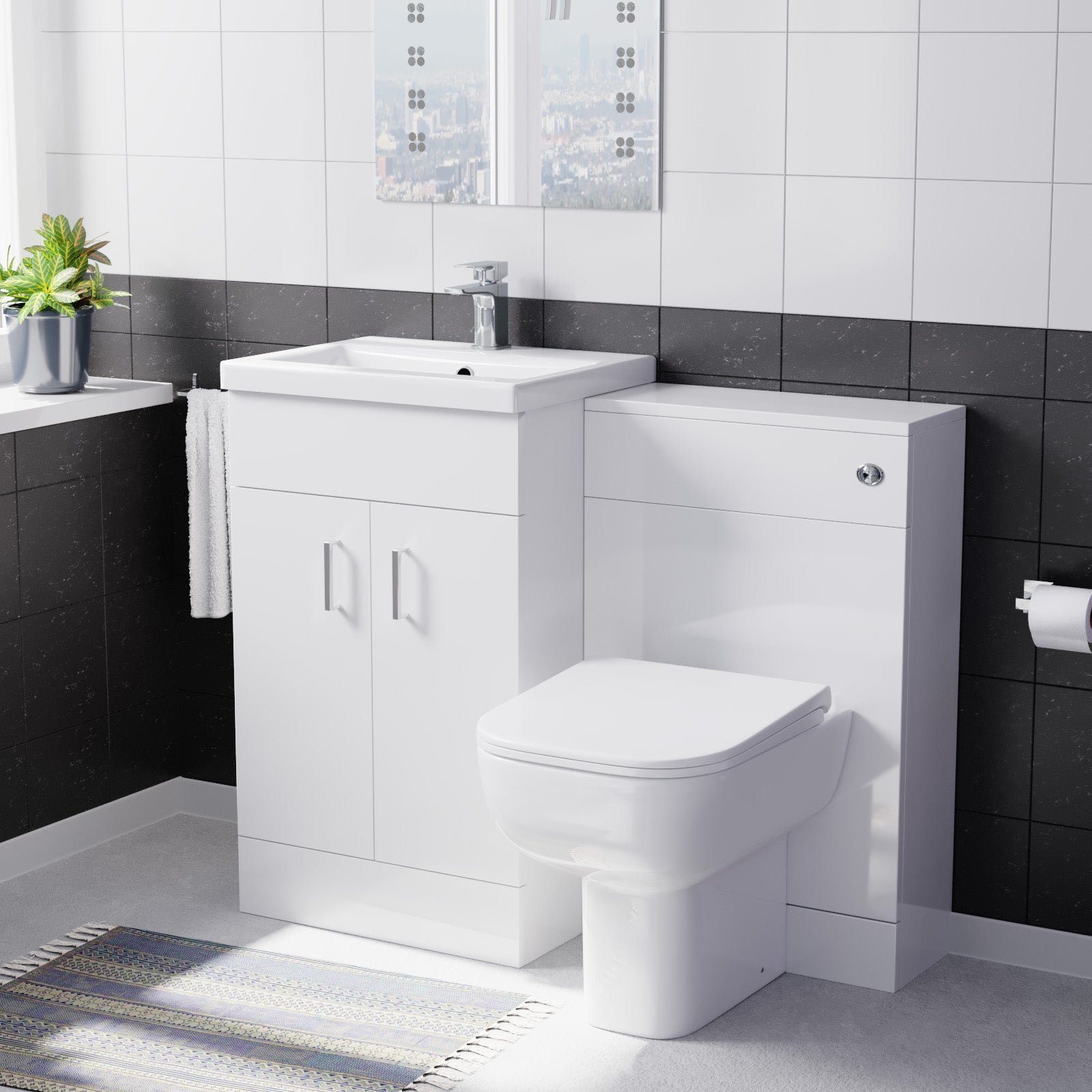 Bathroom setup with white toilet and vanity unit